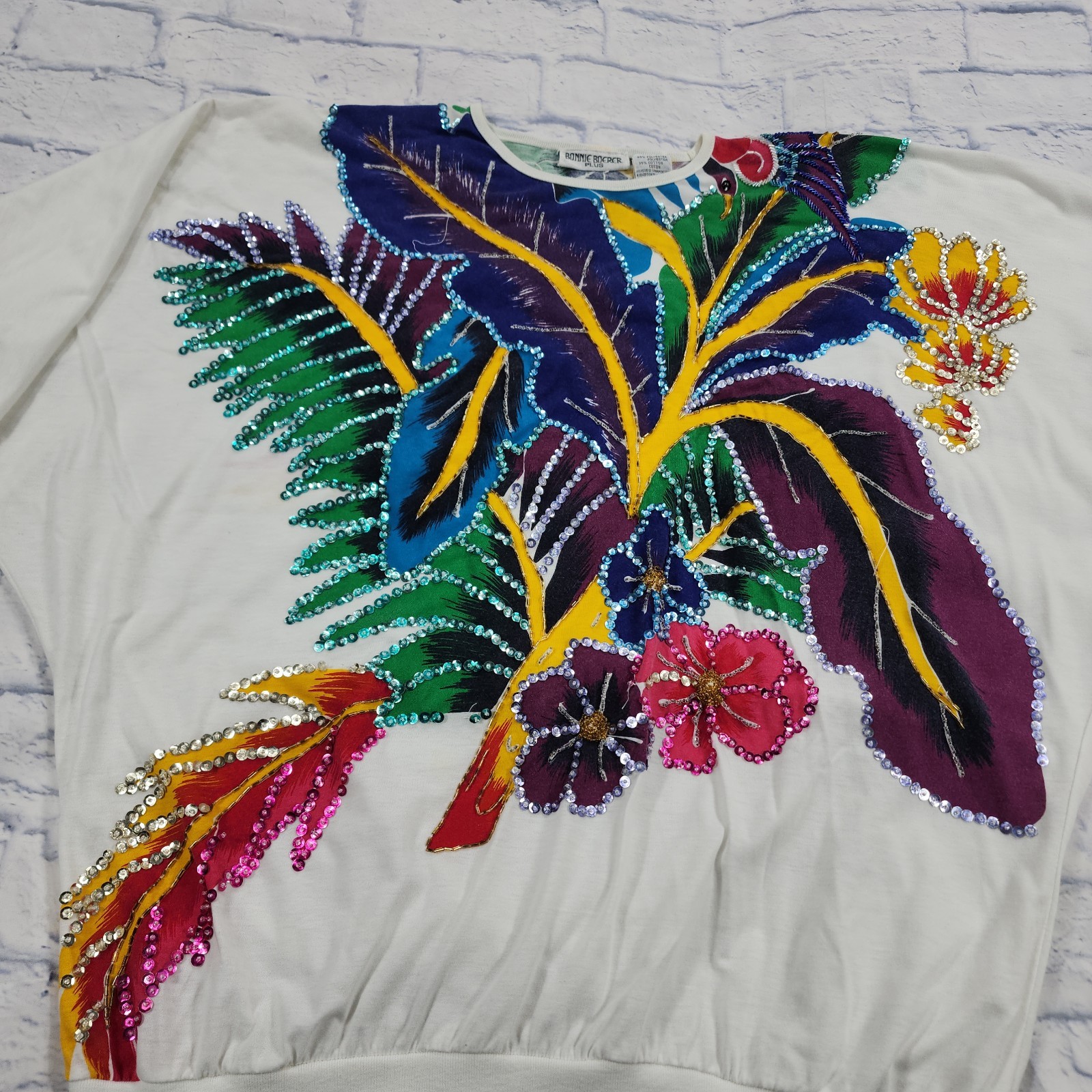 Bonnie Boerer Top WOMENS 2X Floral Sequins Shirt Beaded Retro VINTAGE 90s White
