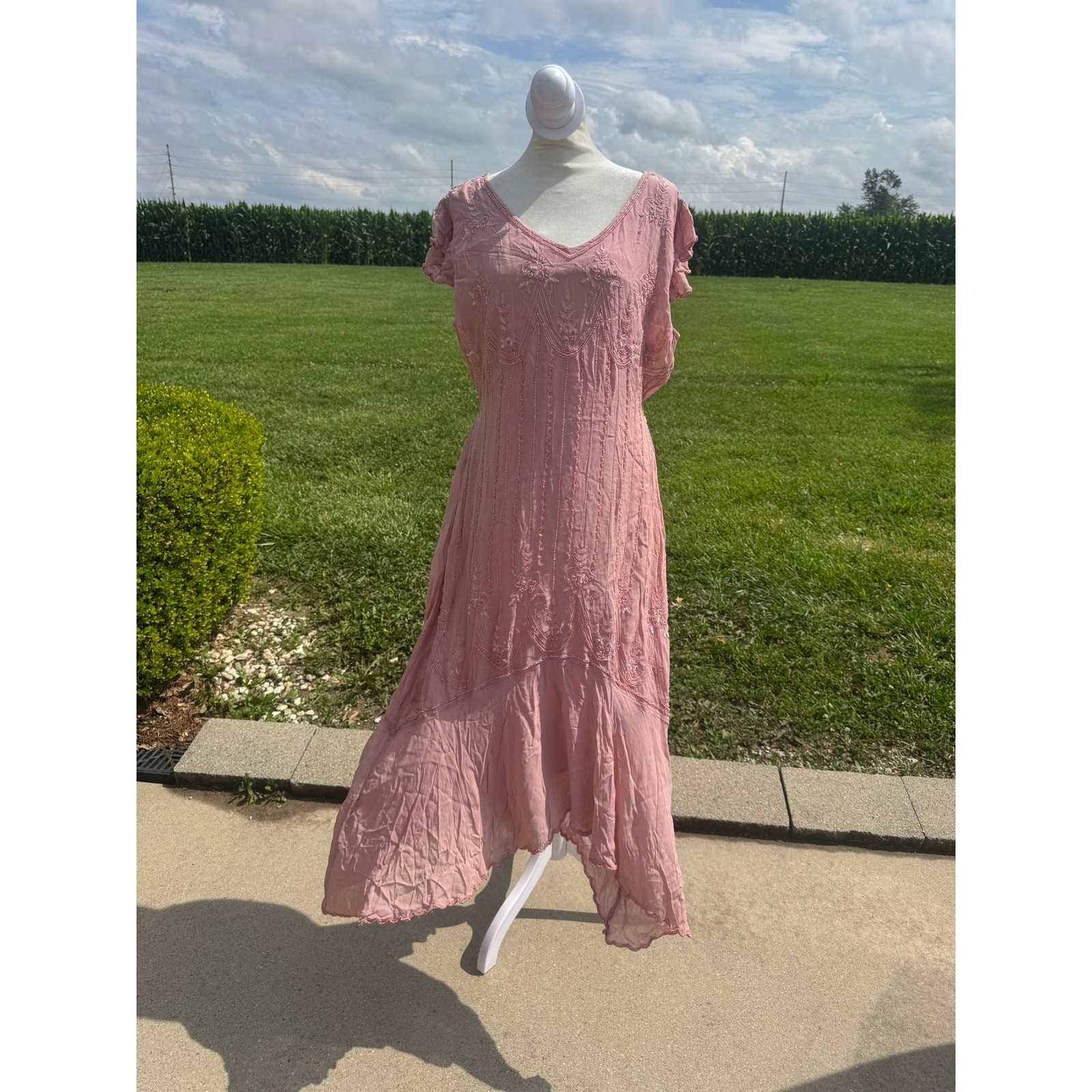 Vtg Y2K Papillon Dress L Pink Beaded Sequin Flutter Sleeve Midi Handkerchief