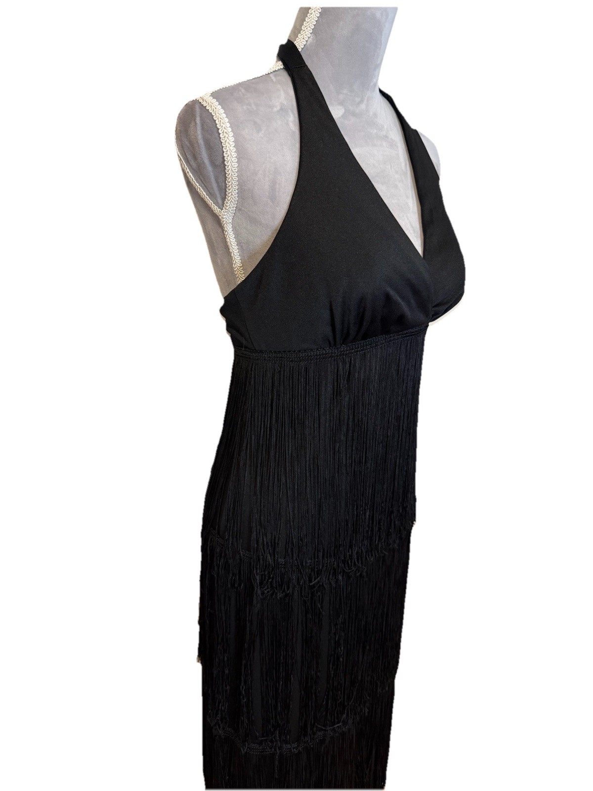 Vintage 70s Women’s Jack Hartley Black Flapper Halter Fringe Maxi Dress Size SM
