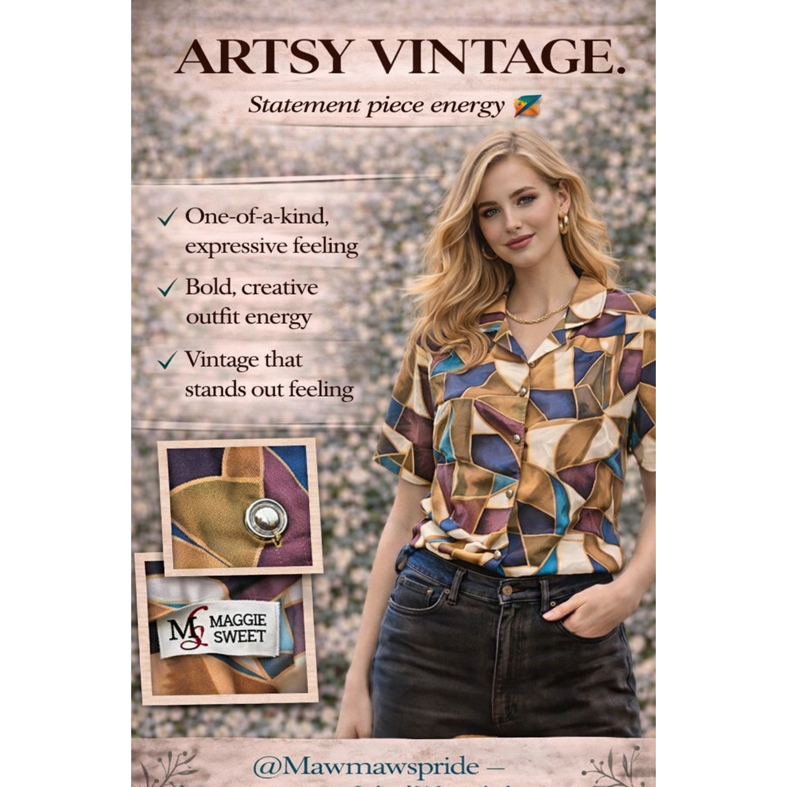 Vintage Maggie Sweet Blouse Abstract Print Made USA Retro Artsy Top Size M L