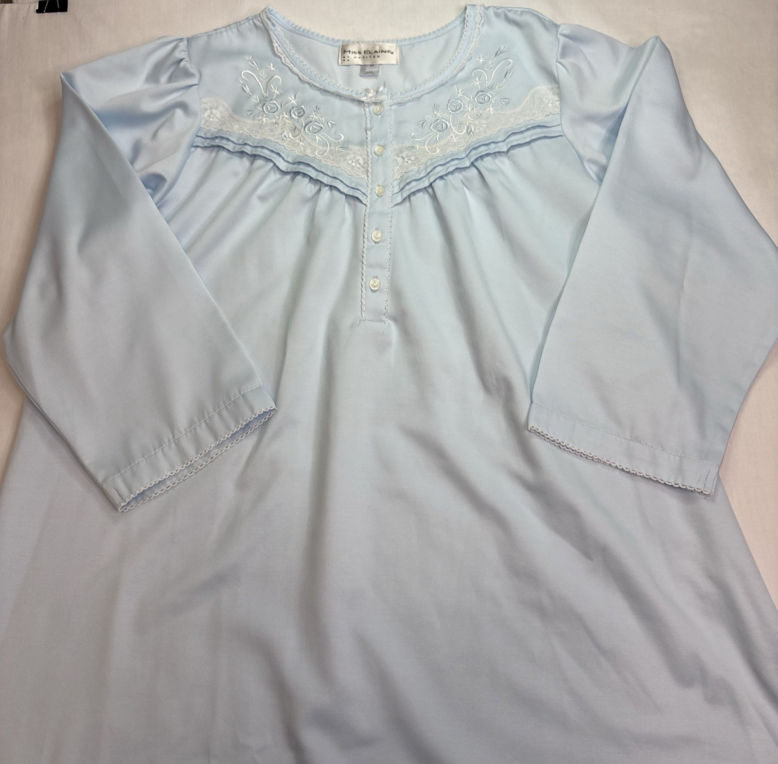 Miss Elaine Petites PL Nightgown Blue Long Sleeve Lace Embroidered Floral
