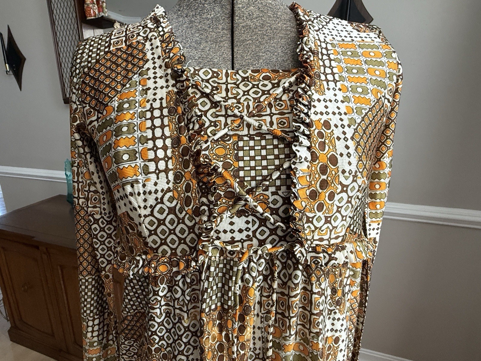 Vintage 70s Funky Print Brown And Orange Lace Up Midi Dress Size S