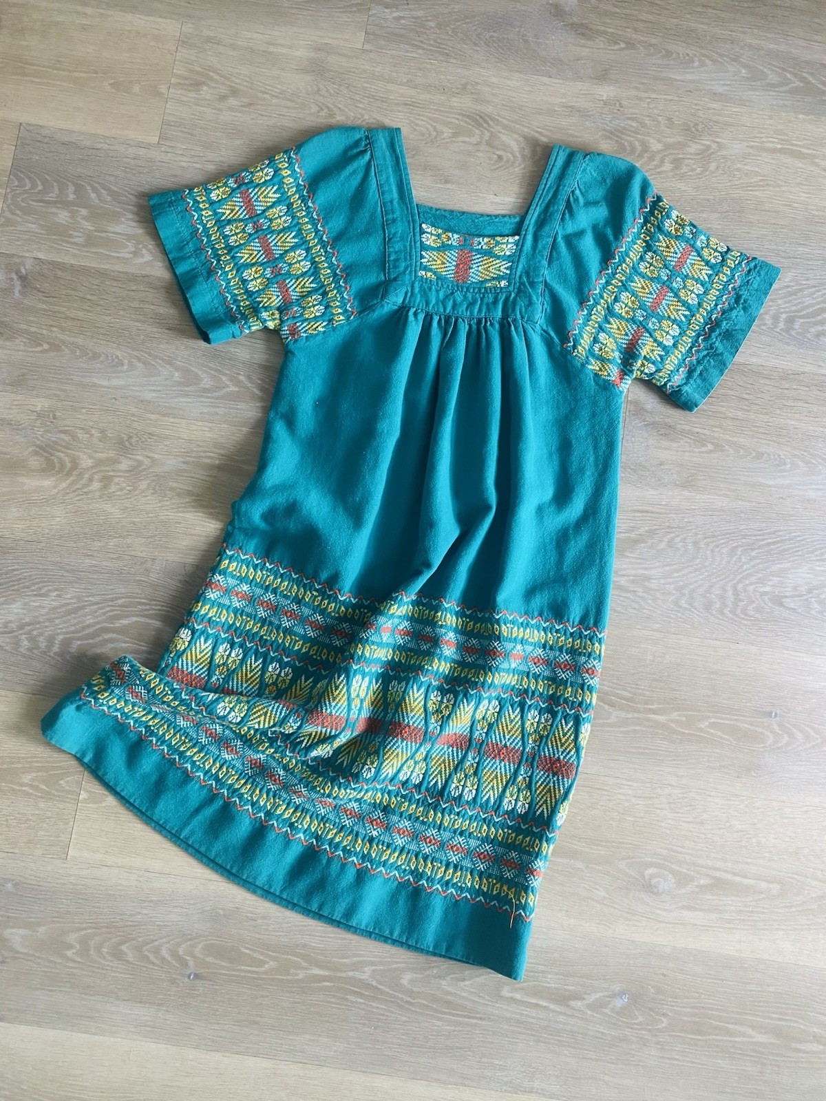 VTG 70s Paulina’s Embroidered Mexican Peasant Dress Teal Woven Cotton Boho M