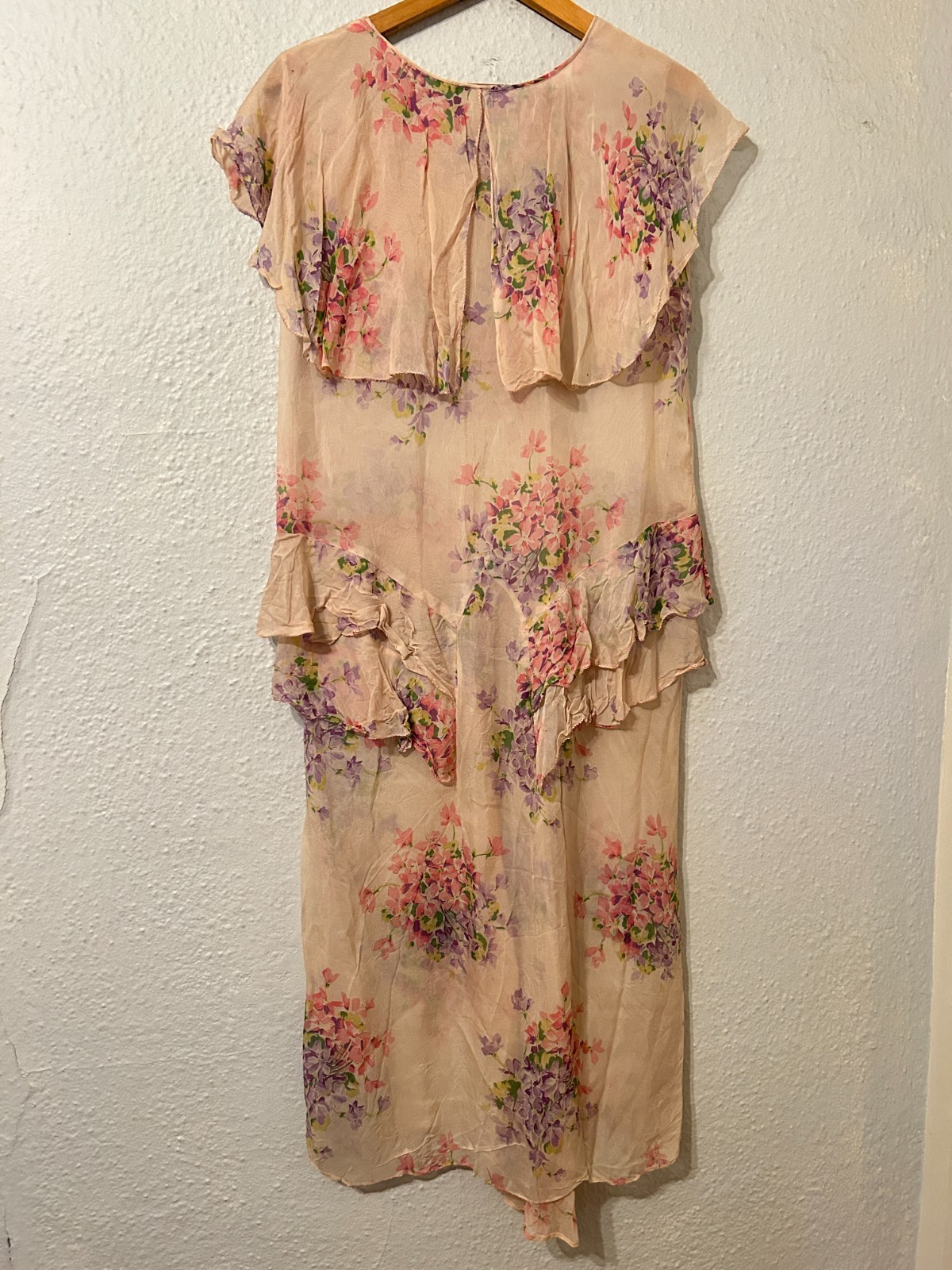 Antique 1920s 1930s Floral Print Rayon Sheer Dress Cape Top Ruffle Drop Waist