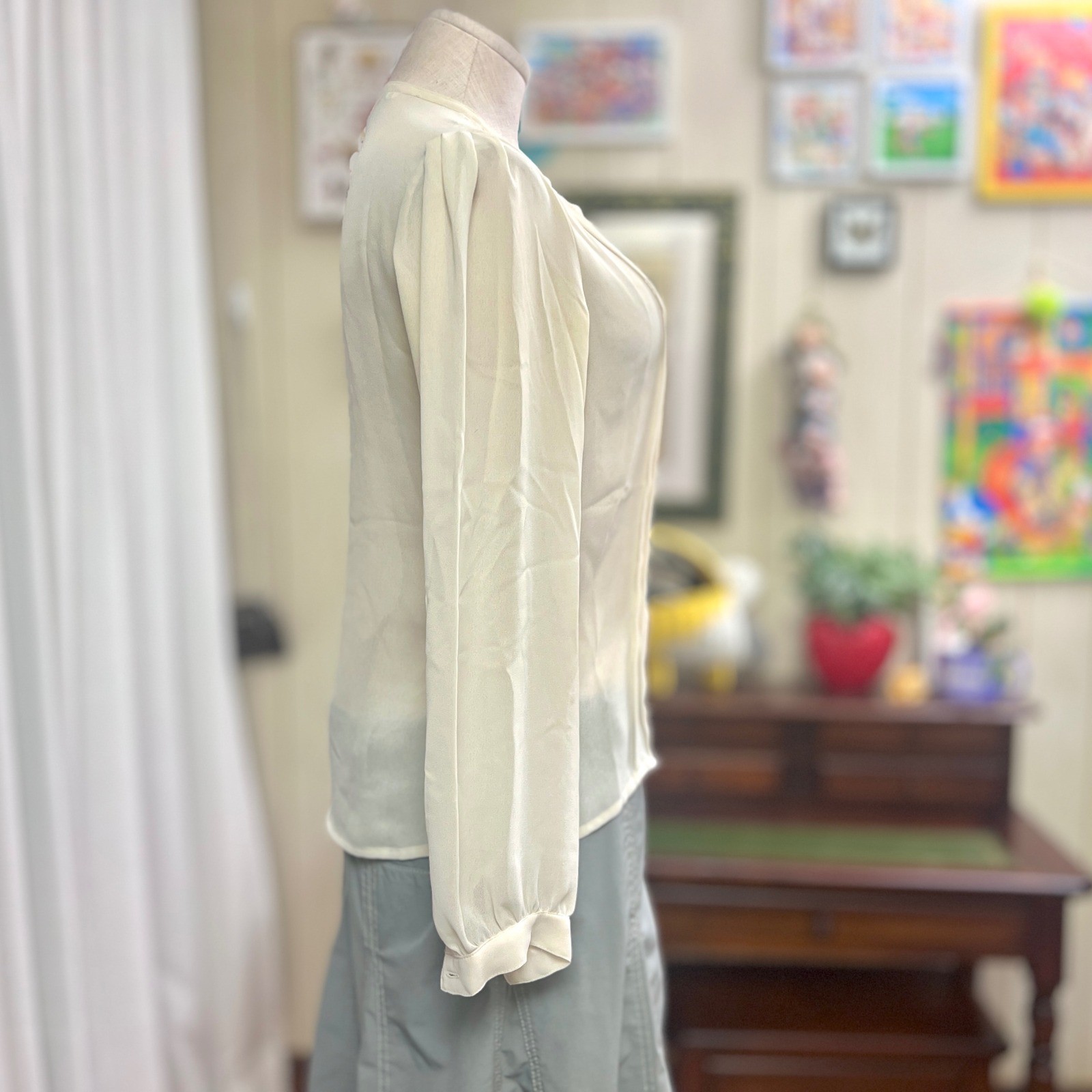 Vintage JR’s Cream Pleated Button Up Long Sleeve Blouse Size 9 Ivory Retro