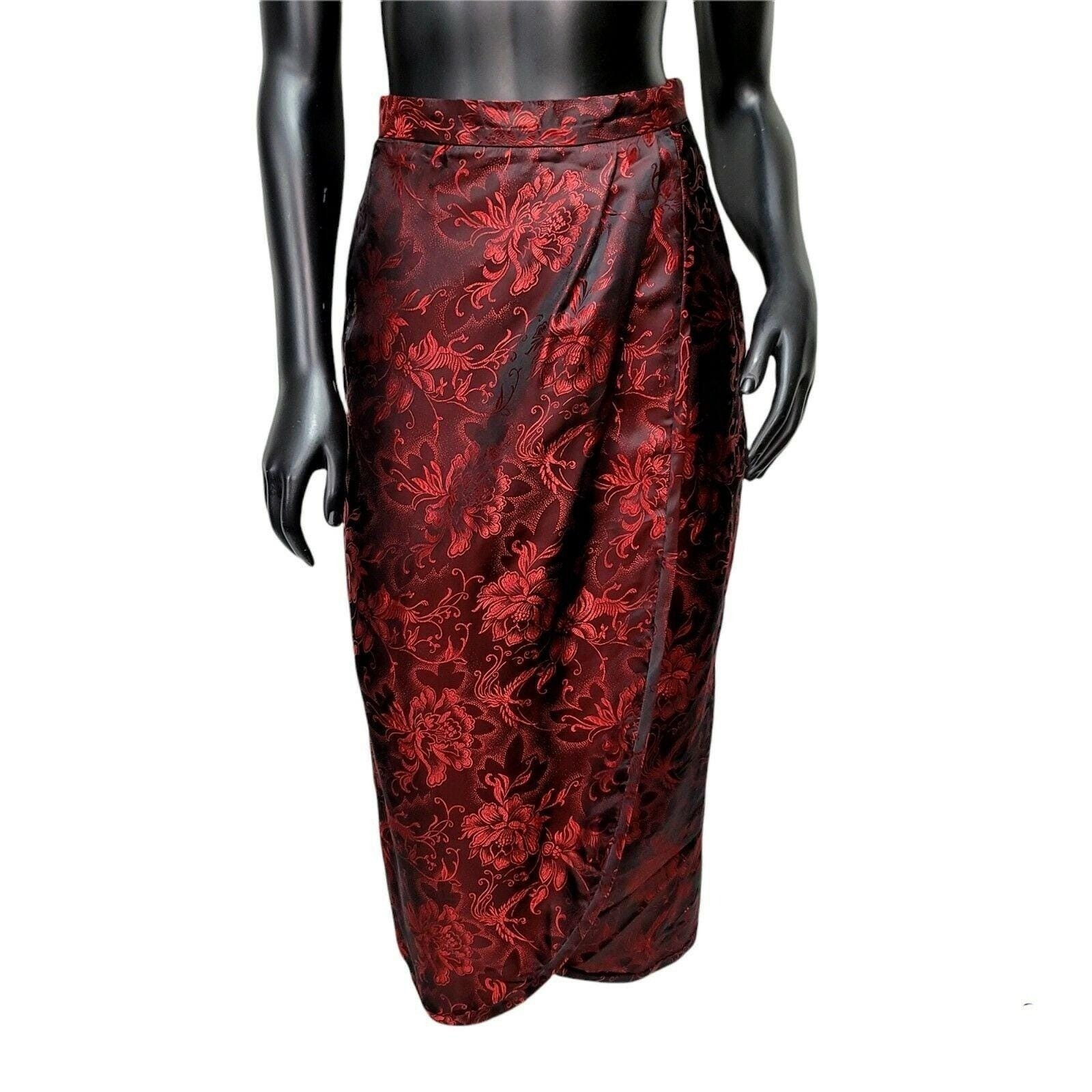 Vintage Red Black Brocade Faux Wrap Midi Wiggle Skirt Y2K Gothic Satin Formal