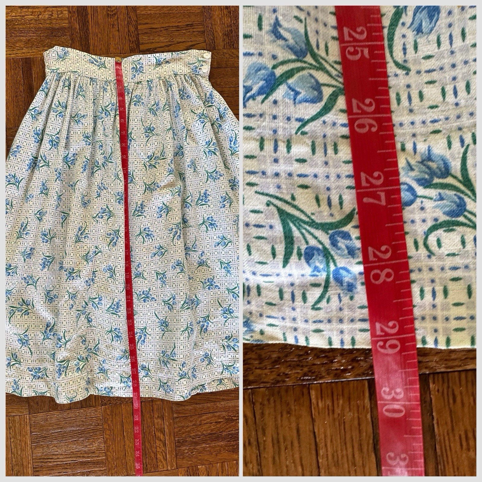 1930s 40s Feed Sack Skirt 28” Waist Blue Floral Tulip Grid Fabric Cotton MOP VTG