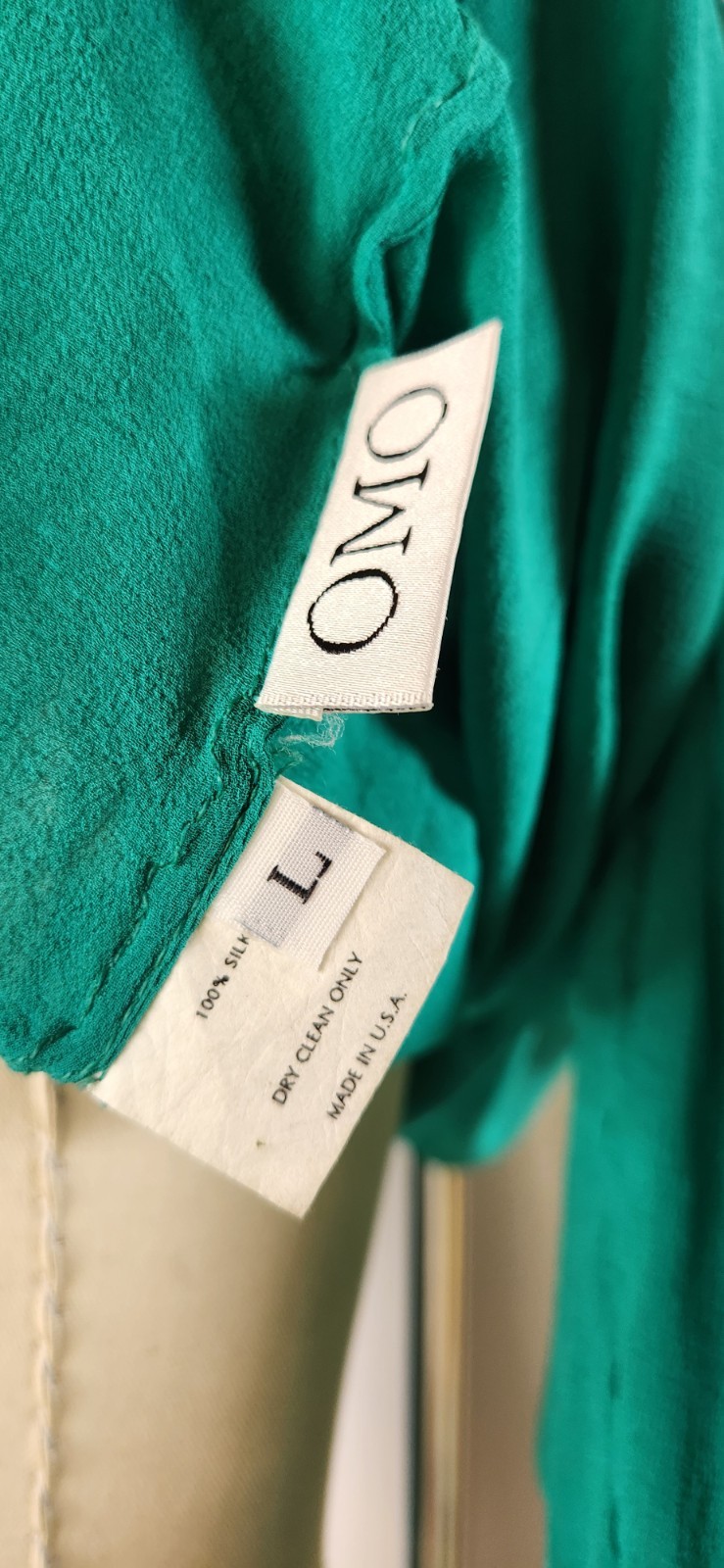 VTG 80s OMO Norma Kamali Green SILK Blouse Top Long Sleeves Sheer Oversized L