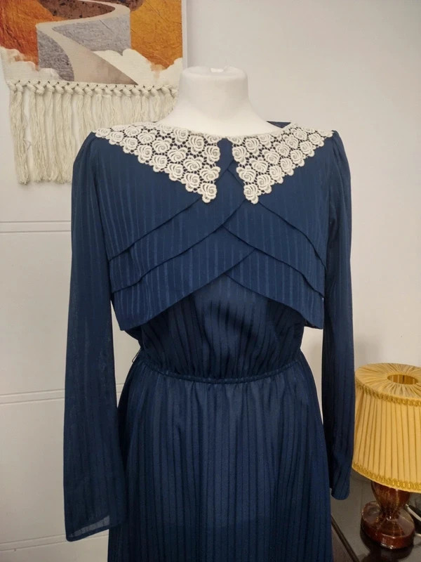 Rice Pudding Ltd Vintage 70s 80s Lace Collar Dress Navy Blue Striped Made in USA