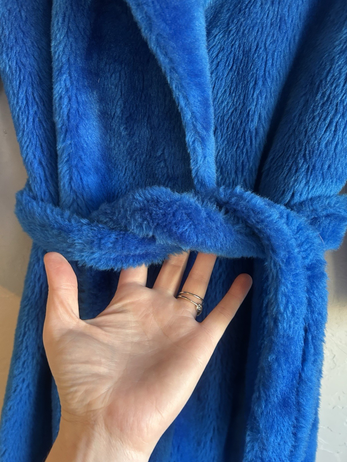 Vintage 70s Faux Fur Maxi Coat 12 Electric Blue Mod Belted Wrap Robe Boho Glam