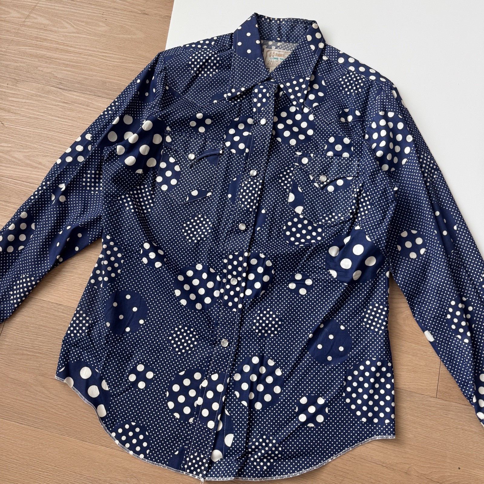 Vintage H Bar C California Ranchwear Navy Polka Dot Western Pearl Snap Small