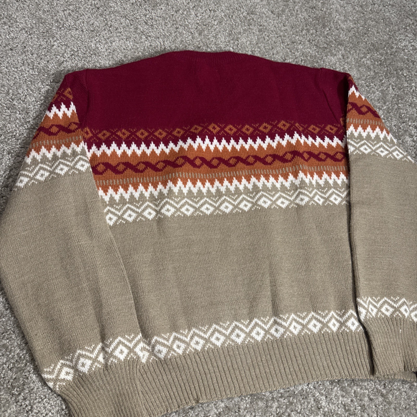 Vintage 1970s Sigallo Geometric Pattern Red Orange Acrylic Knit Sweater Boho Med