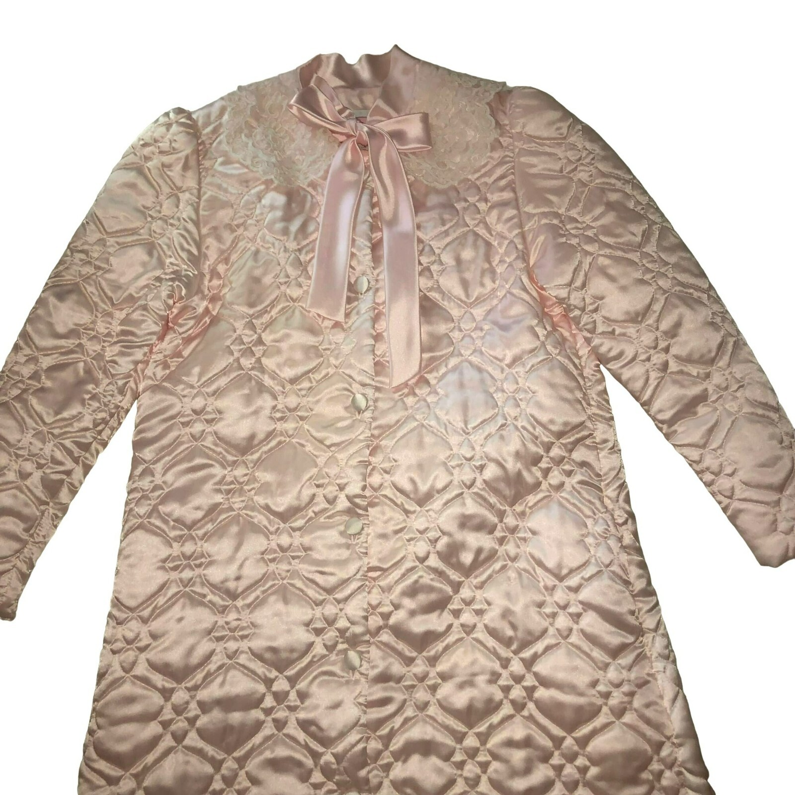 NWOT Vtg Pink Satin Robe Size S Barbizon Full Length Quilted Collar Bow Womens