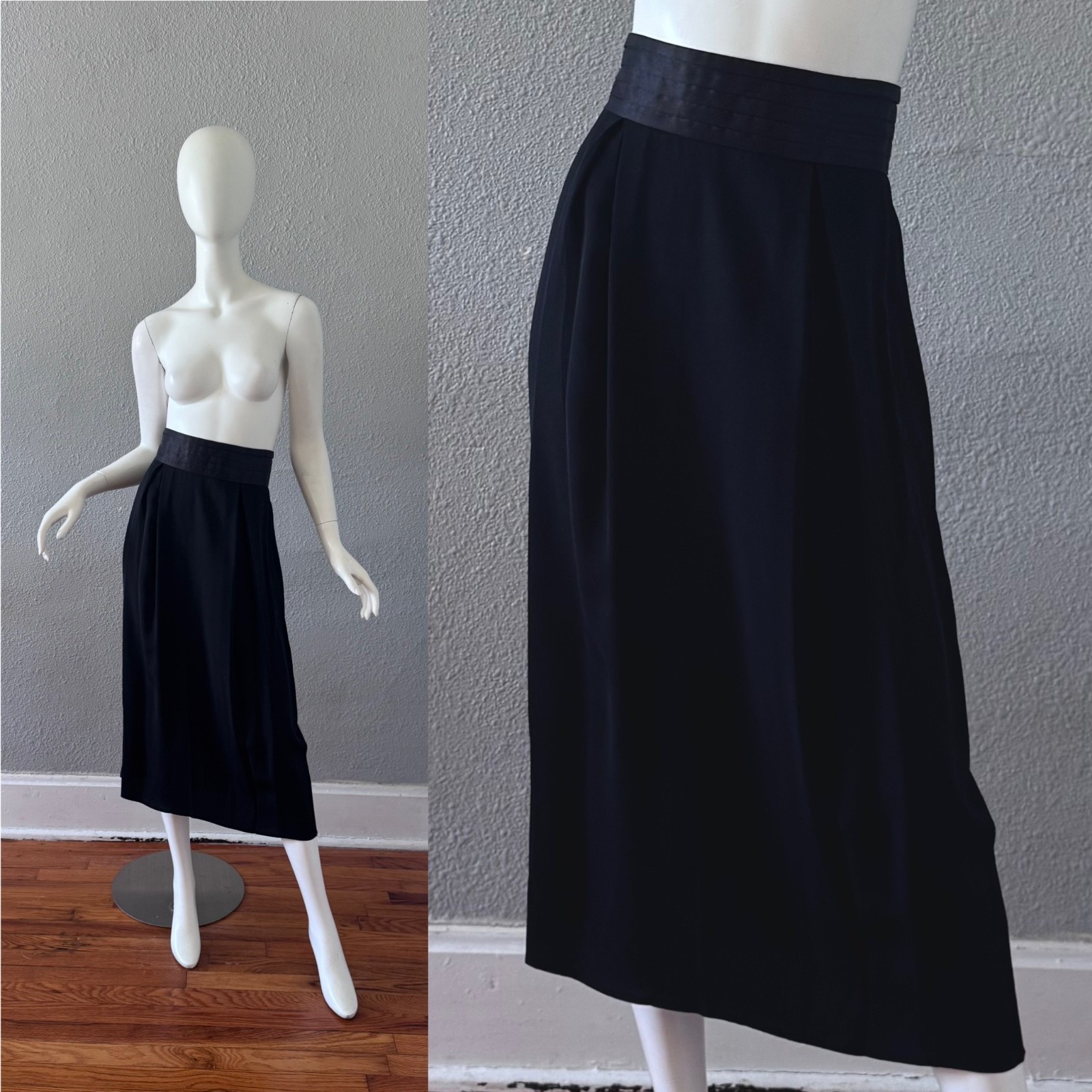 Vintage 80s Black High Waist TANGENTS Pencil Midi Skirt M