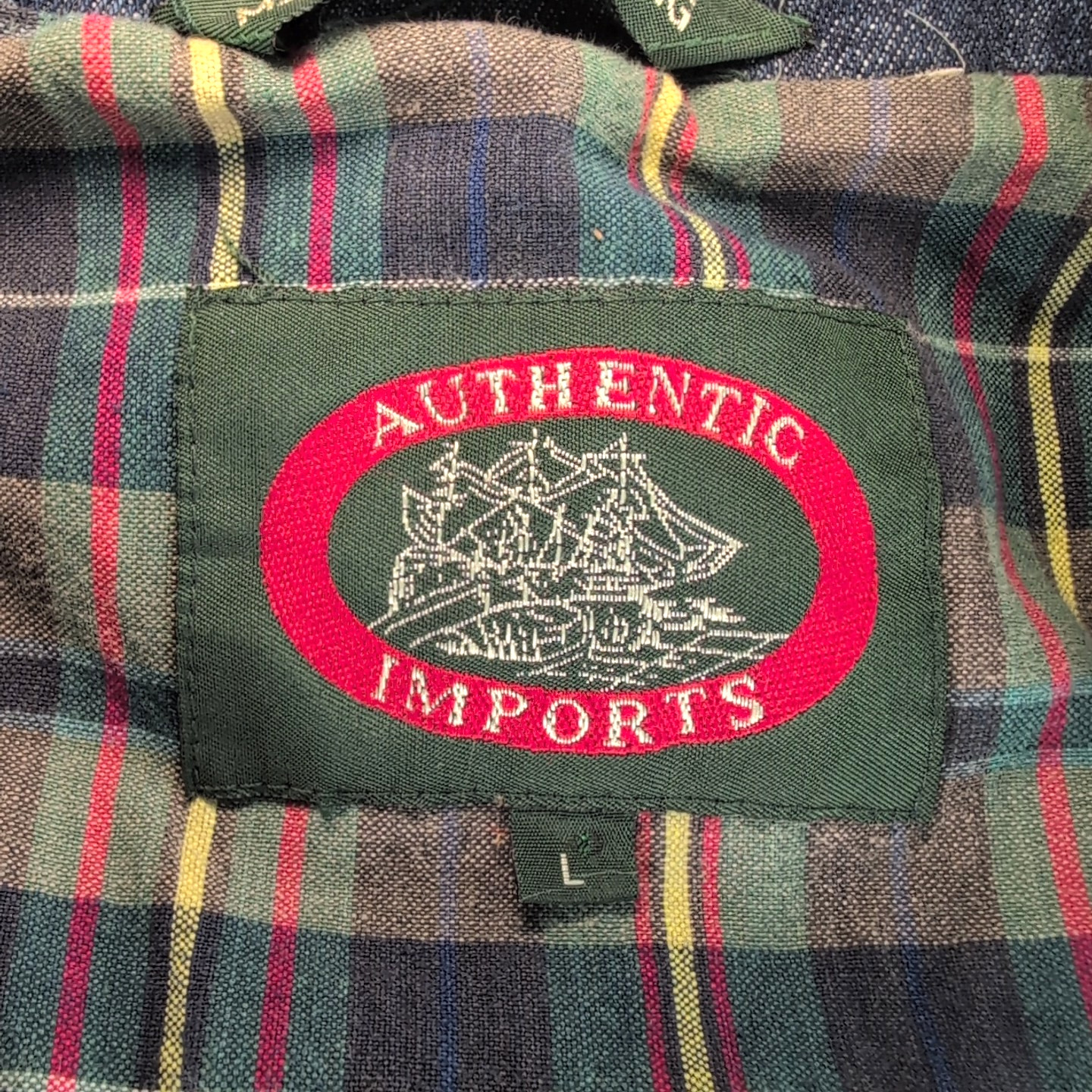 90s Authentic Imports Coat Women’s L Blue Denim Flannel Lined Leather Collar VTG