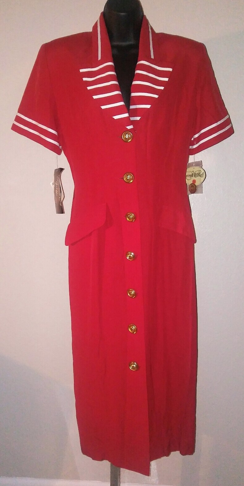 NWT Vintage 90s Joseph Ribkoff Bright Red Sailor Nautical Dress Size 8