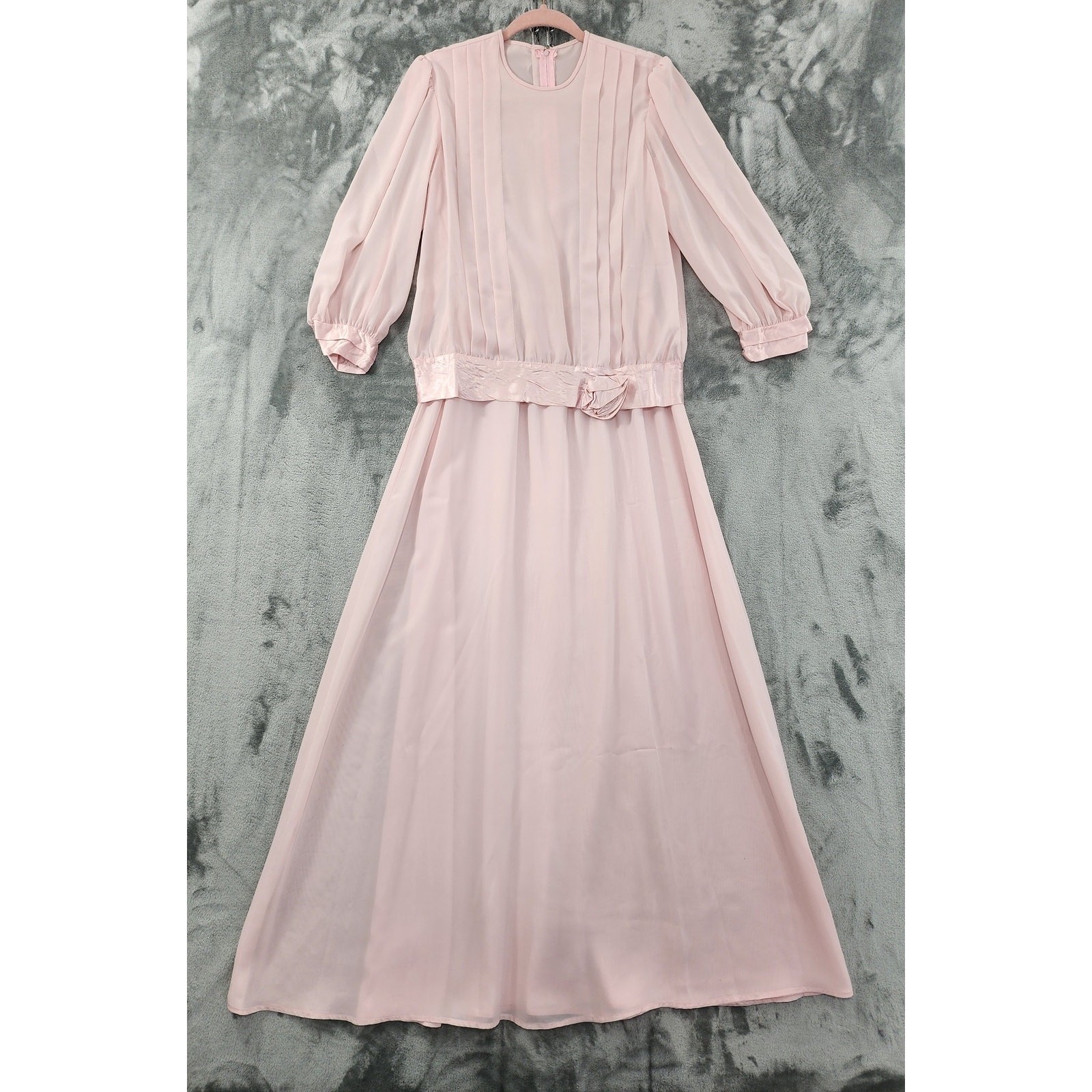 Vintage 70s Chiffon Pleated Satin Trim Blouson Maxi Dress Size 10 Pink Formal