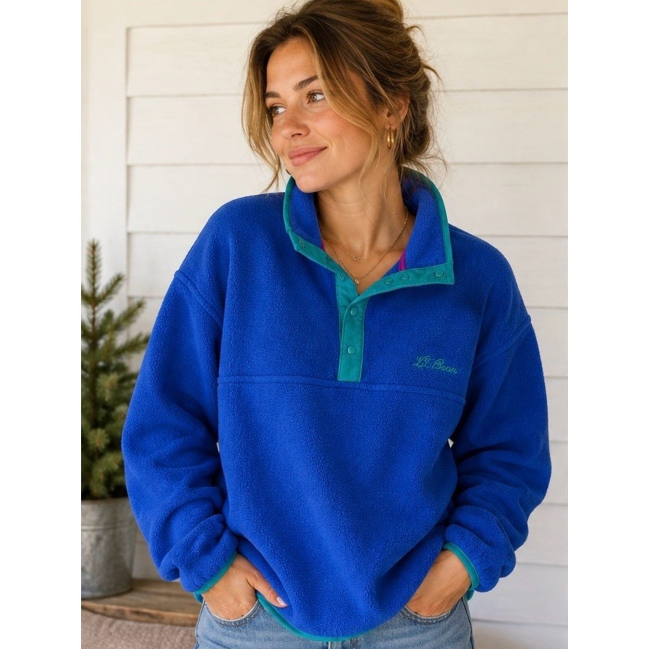 Vintage L.L.Bean Fleece Snap Pullover Women’s Large Blue Teal 90s USA Made