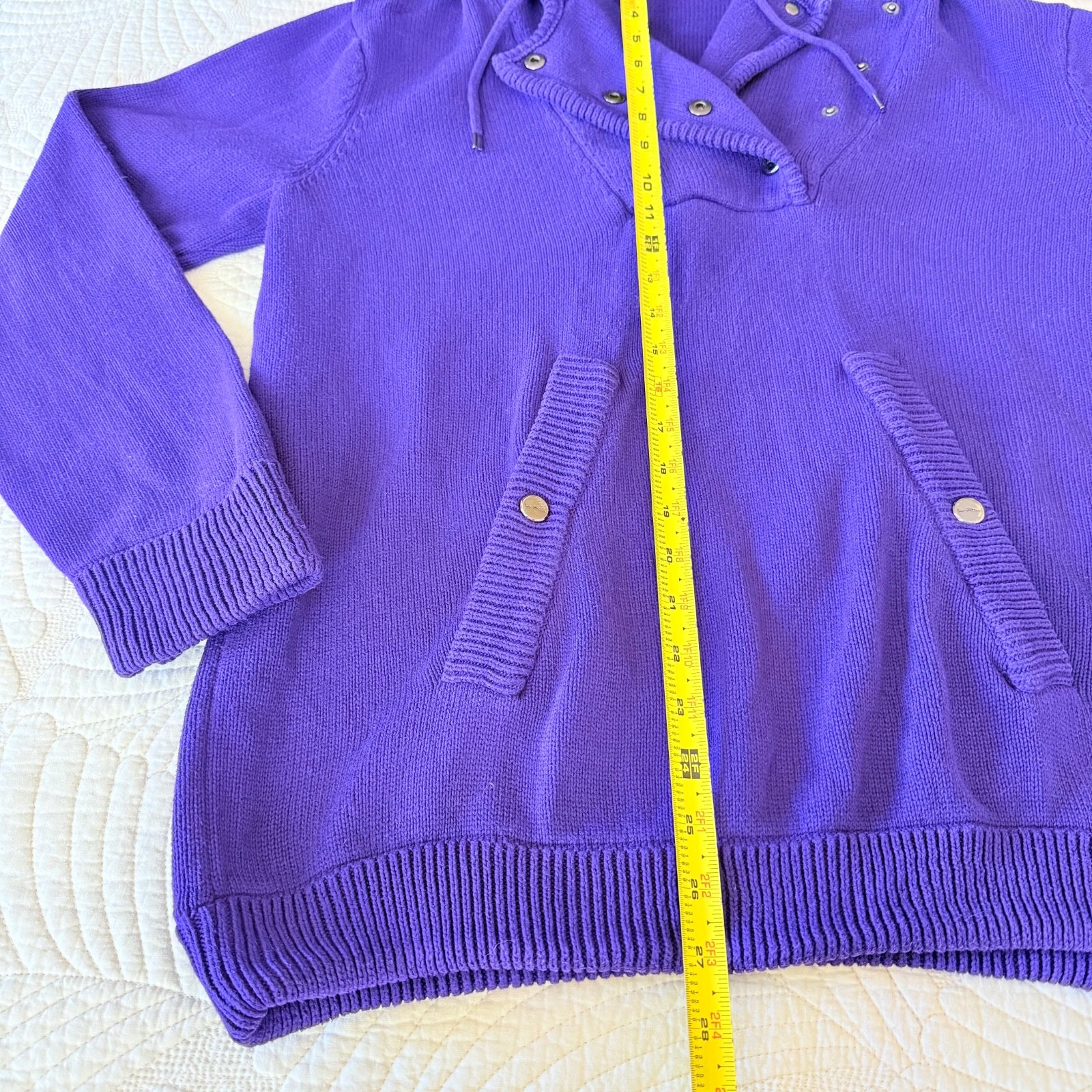 VTG Preppy Old Money LRL Ralph Lauren Hooded Knit Sweater Purple 100% Cotton XL