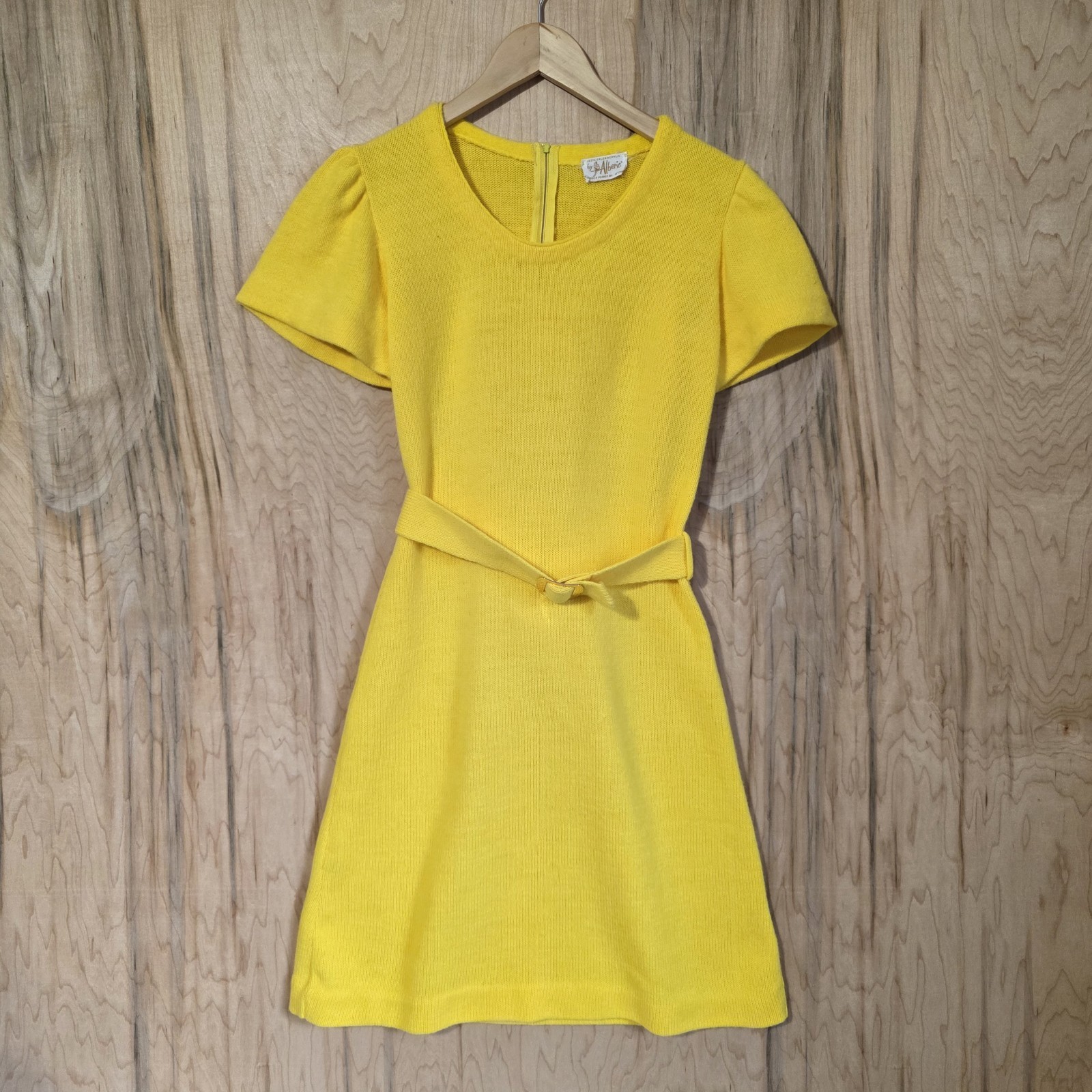 Alberic Beldoch Popper Vintage 60s Yellow Orlon Acrylic Belted Sweater Dress