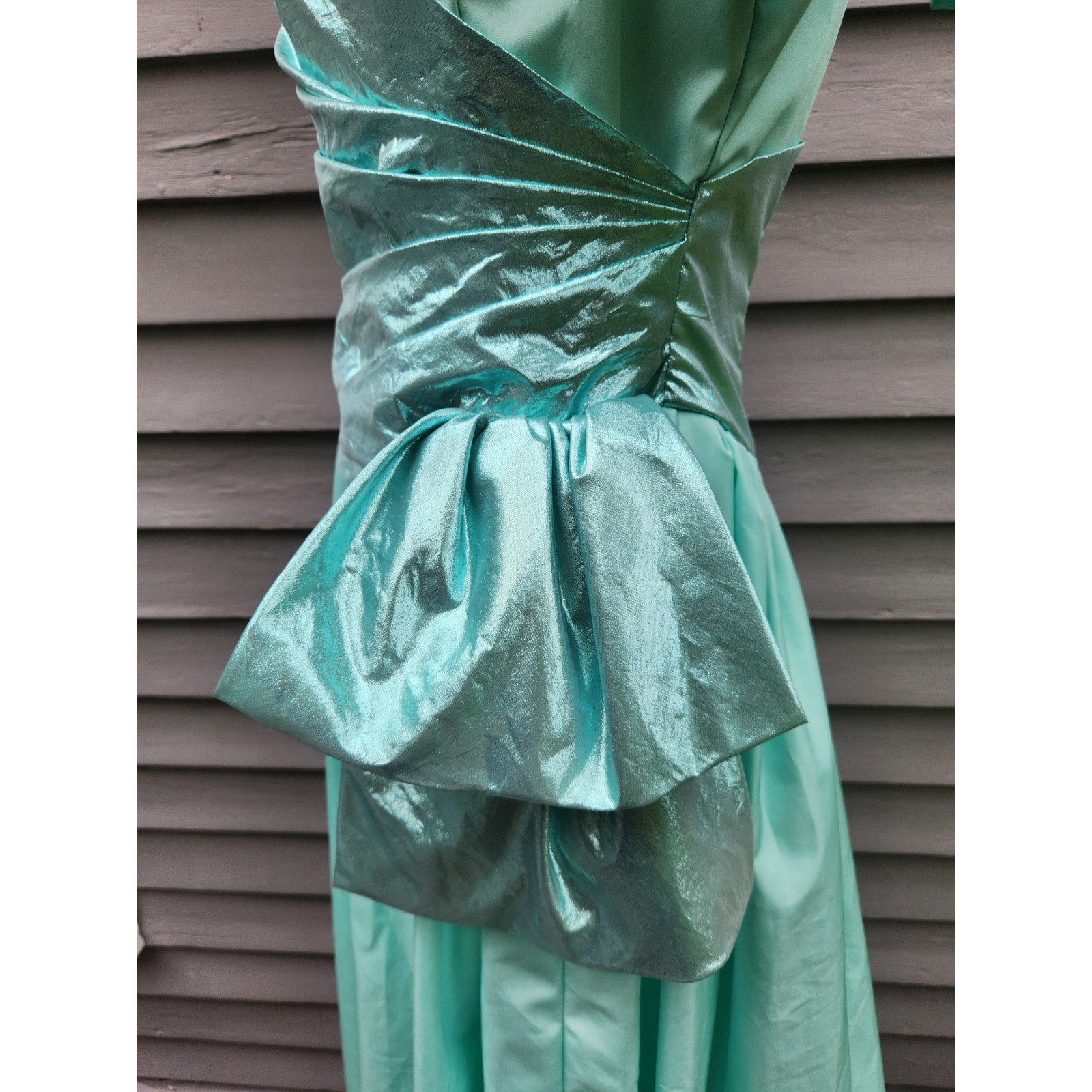 Vintage 80s Prom Dress Teal Metallic Lamé Puff Sleeve Maxi Bow Small