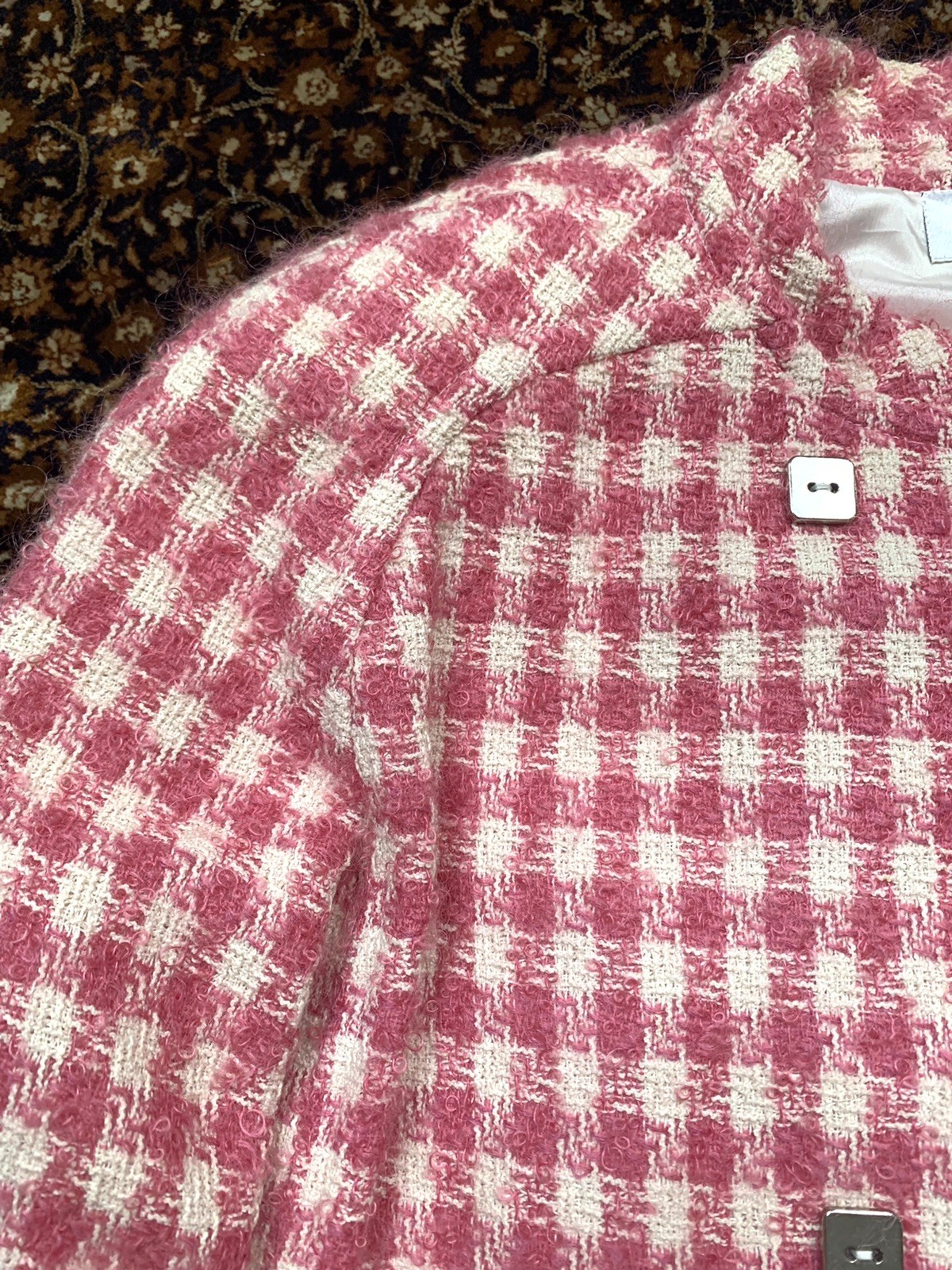Vtg Courreges Skirt Suit Mohair Boucle Tweed Pink White Checks Womens 40 France