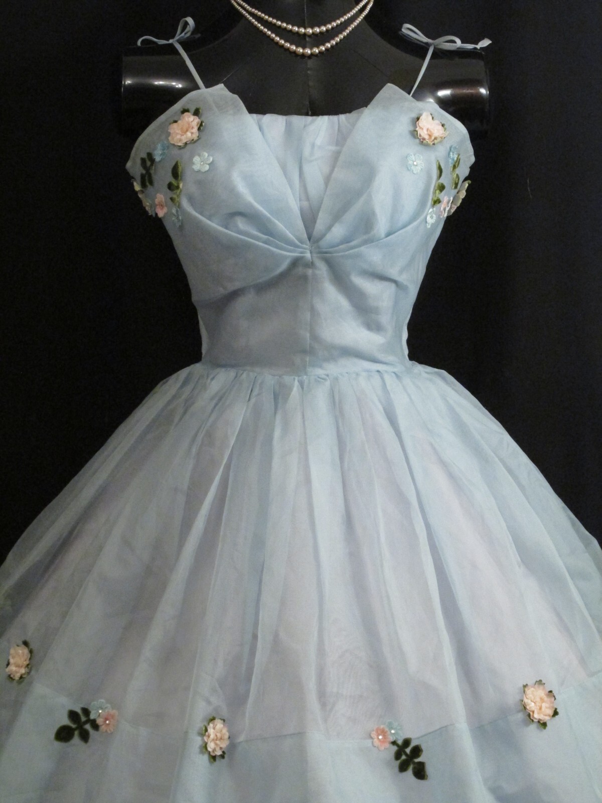 Vintage 50’s 50s Blue Applique Silk Chiffon Organza Party Prom Wedding DRESS