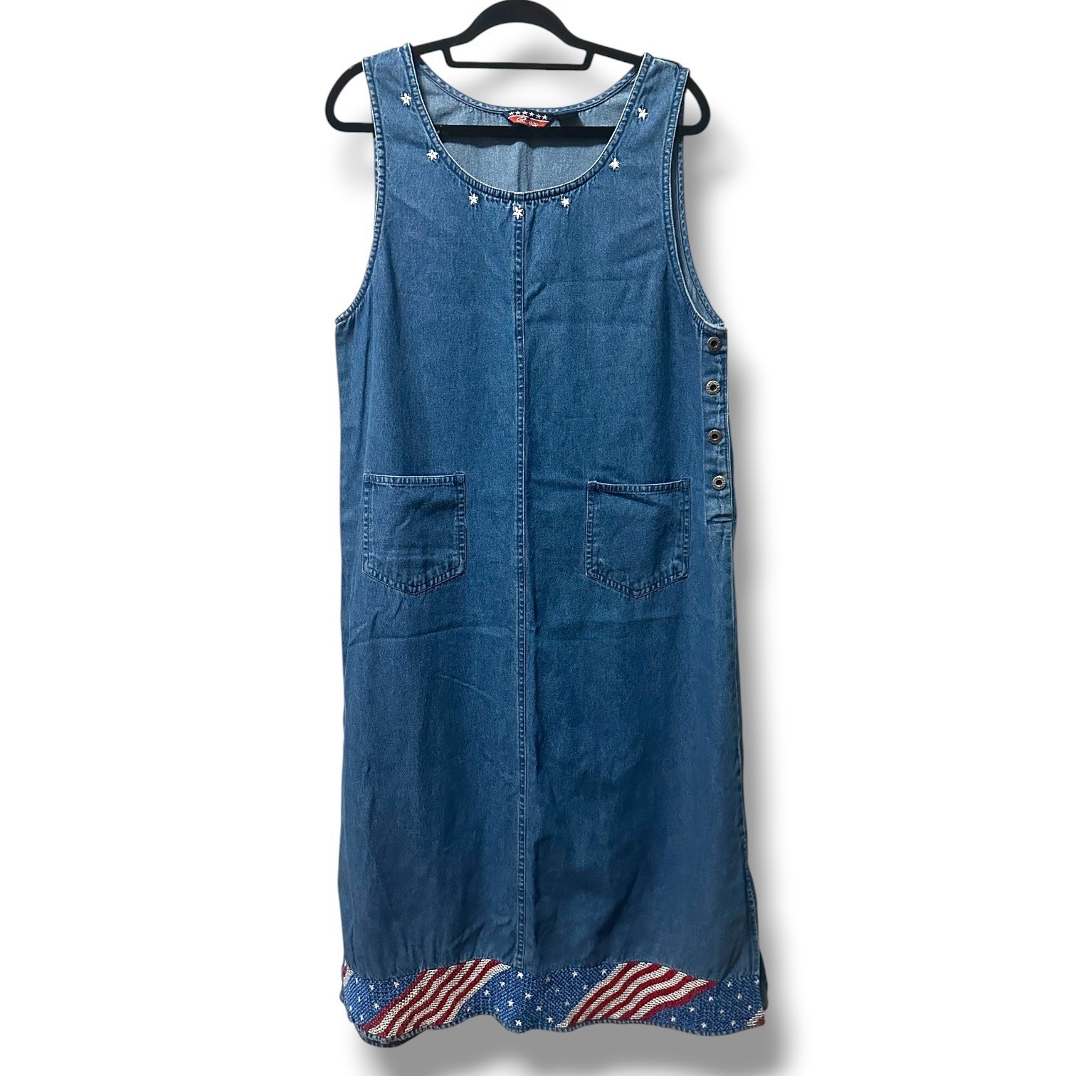 Vintage Agapo Chore Denim Jumper Midi Dress XL Blue Americana Flag Embroidered