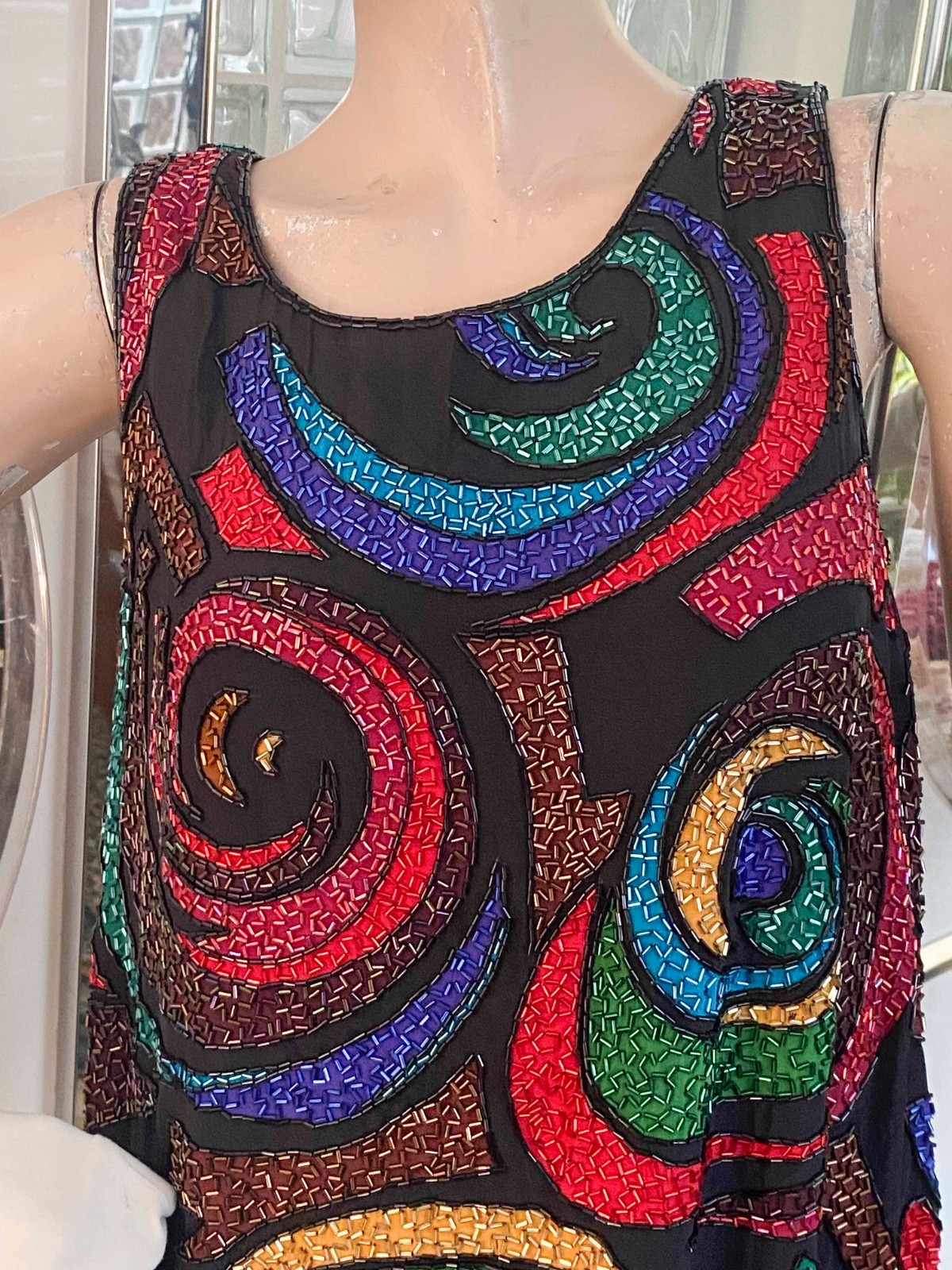 VTG 70s Black Silk Multicolor Psychedelic Beaded Dress 10 Unique A LINE