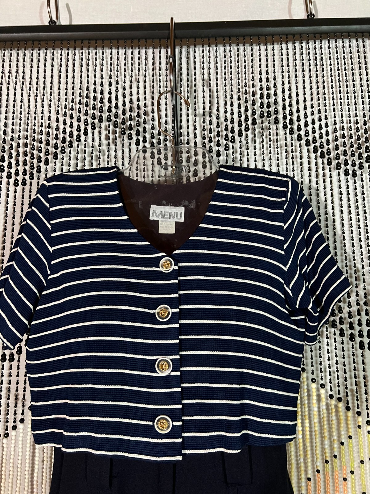 VTG 80s MENU Jumpsuit Navy Blue Attached White Striped Cropped Jacket Disco SZ 6