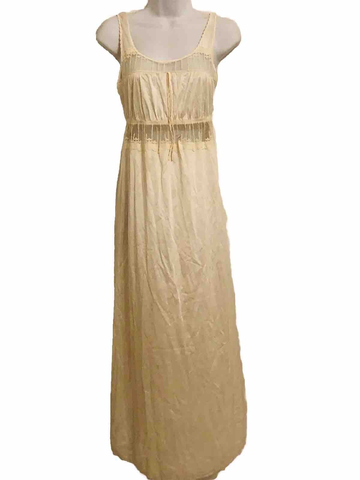 VTG Keynote Long Ivory Nightgown Made In UK Sheer Nylon Mesh Lace US S UK 10-12
