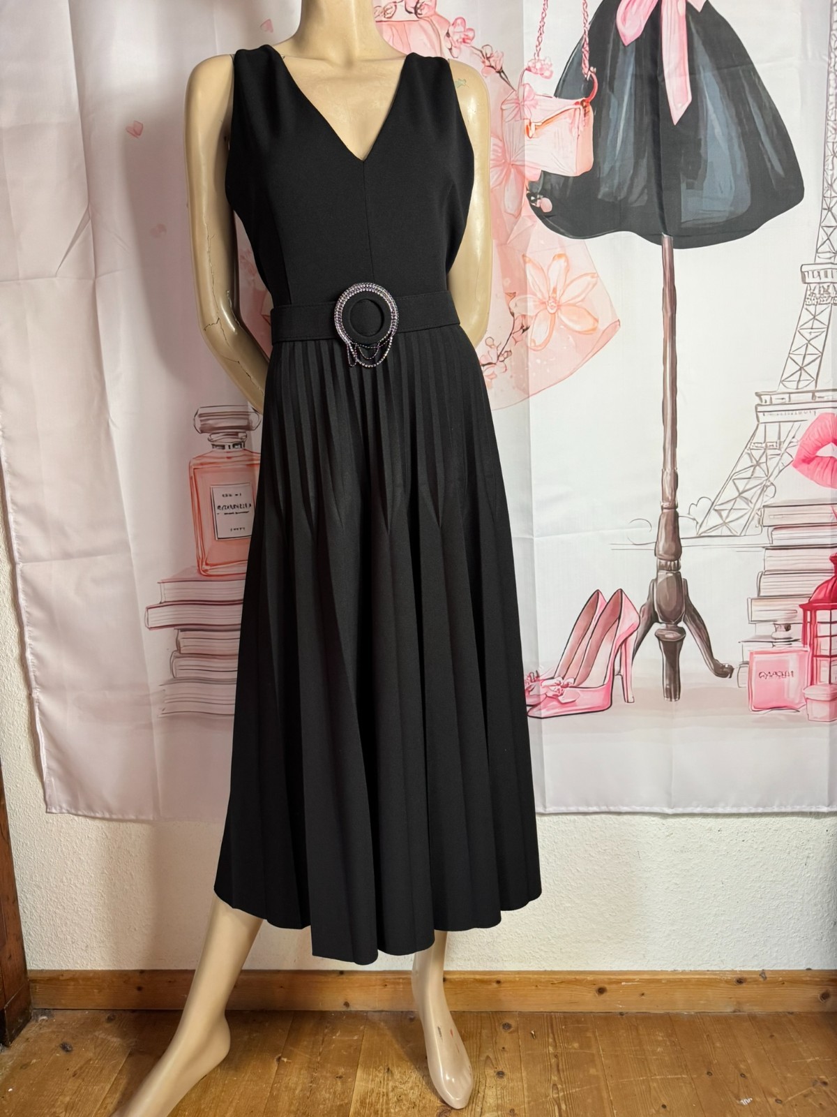 Vintage Evening Dress Black Jersey Pleated Old Hollywood Cocktail Dress Size 42/44