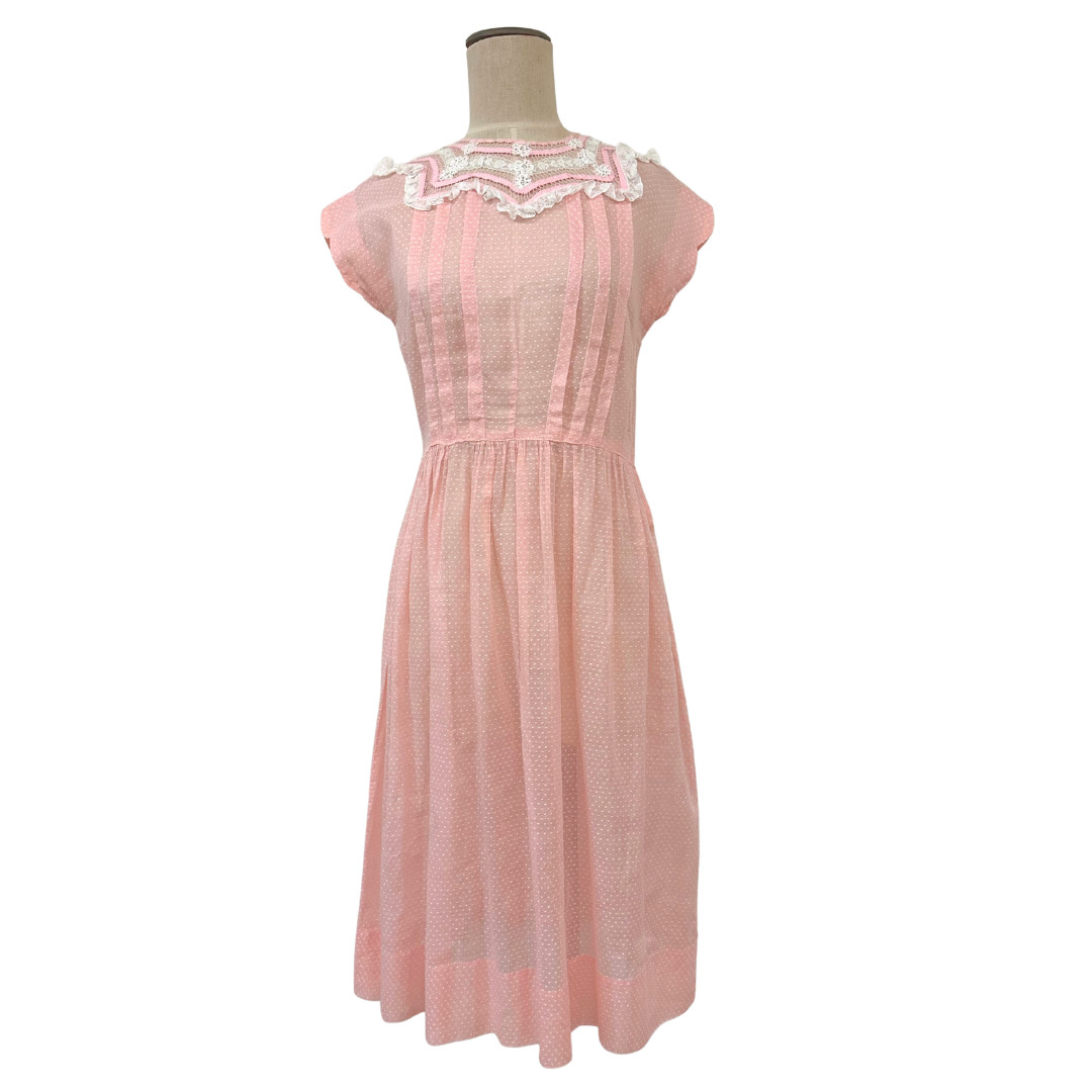Vintage 1930s Pink Dotted Swiss Semi Sheer Fit n Flare Day Dress