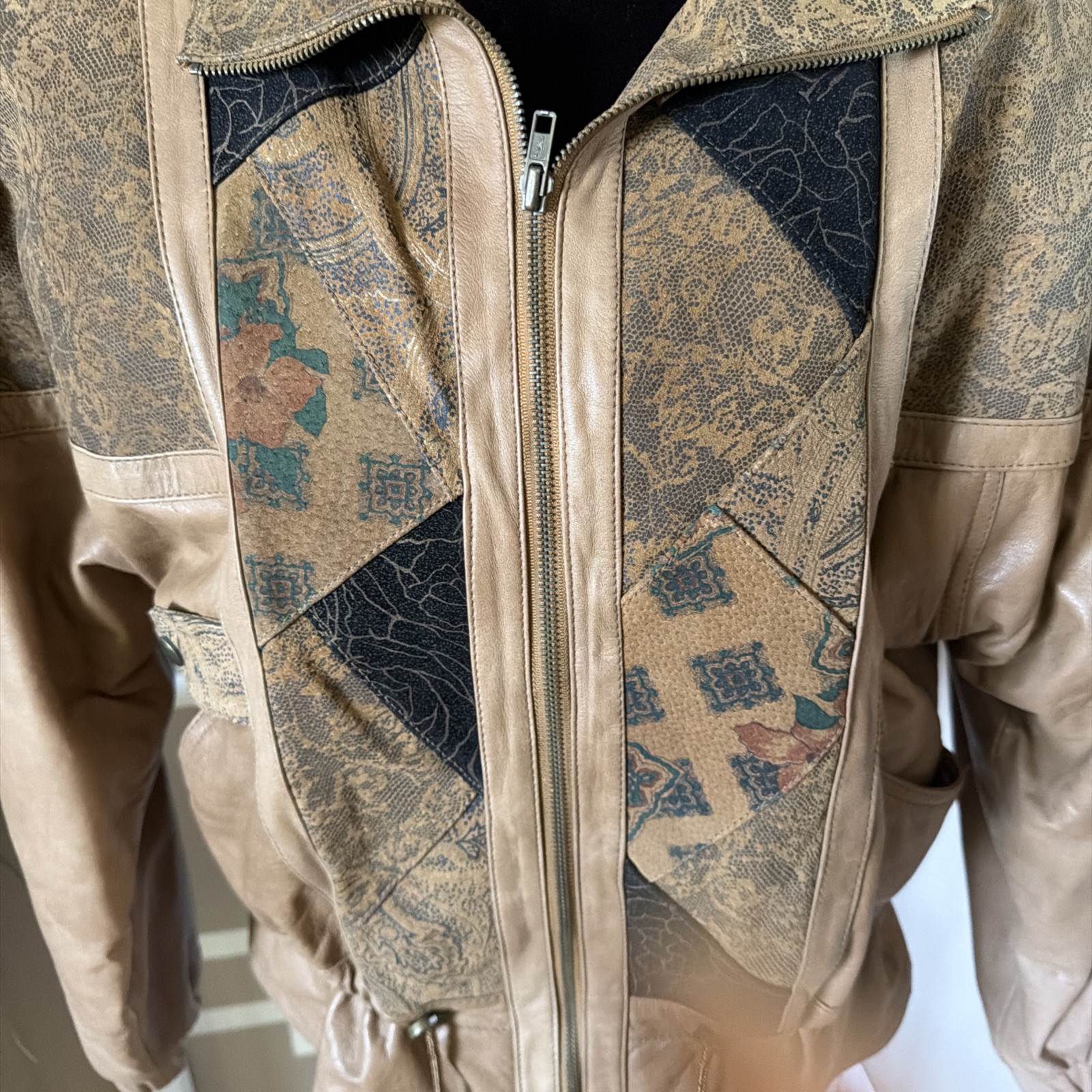 Vtg Jay Jacobs Leather Bomber Jacket 1980s, Patchwork Printed Sz M UNIQUE & COOL