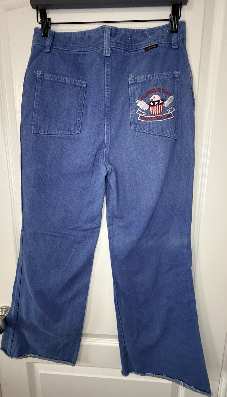 Vintage National Shirt Shops Jeans Machine Embroidered Eagle Jean 32×27 Raw Hem