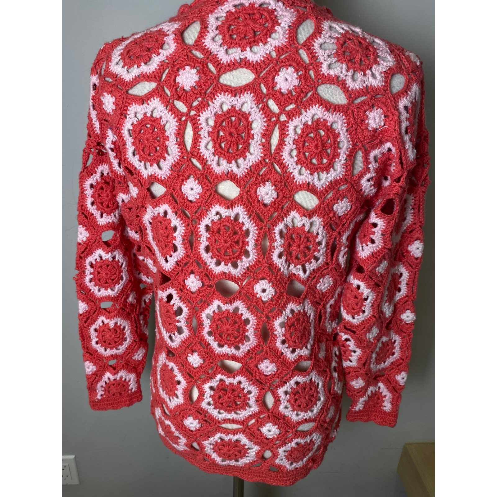 Vintage One Step Up Crochet Granny Square Sweater V-Neck Coral Pink 90s OSFA