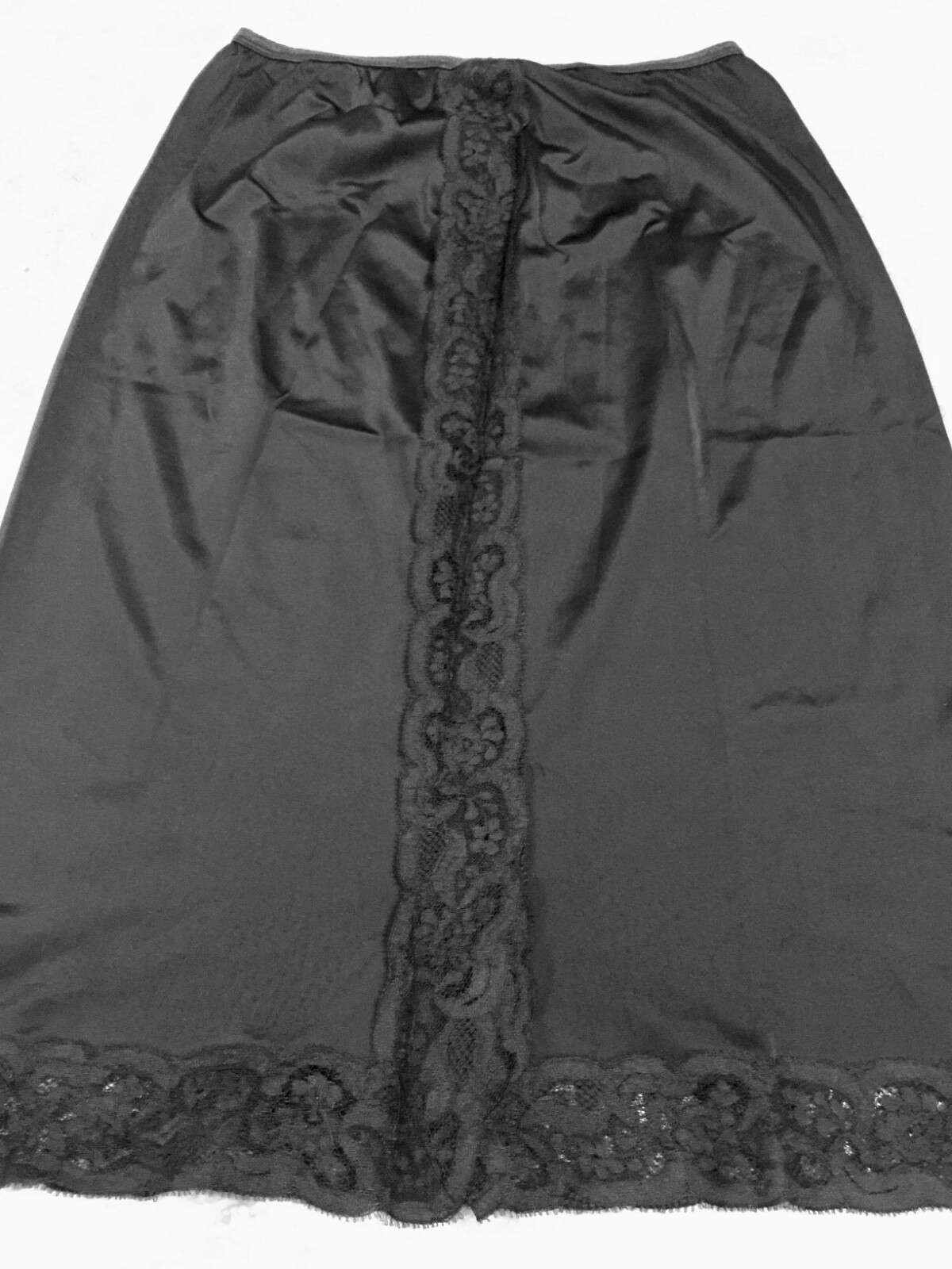 vintage black half slip skirt petticoat nylon straight front lace size S/M 23″