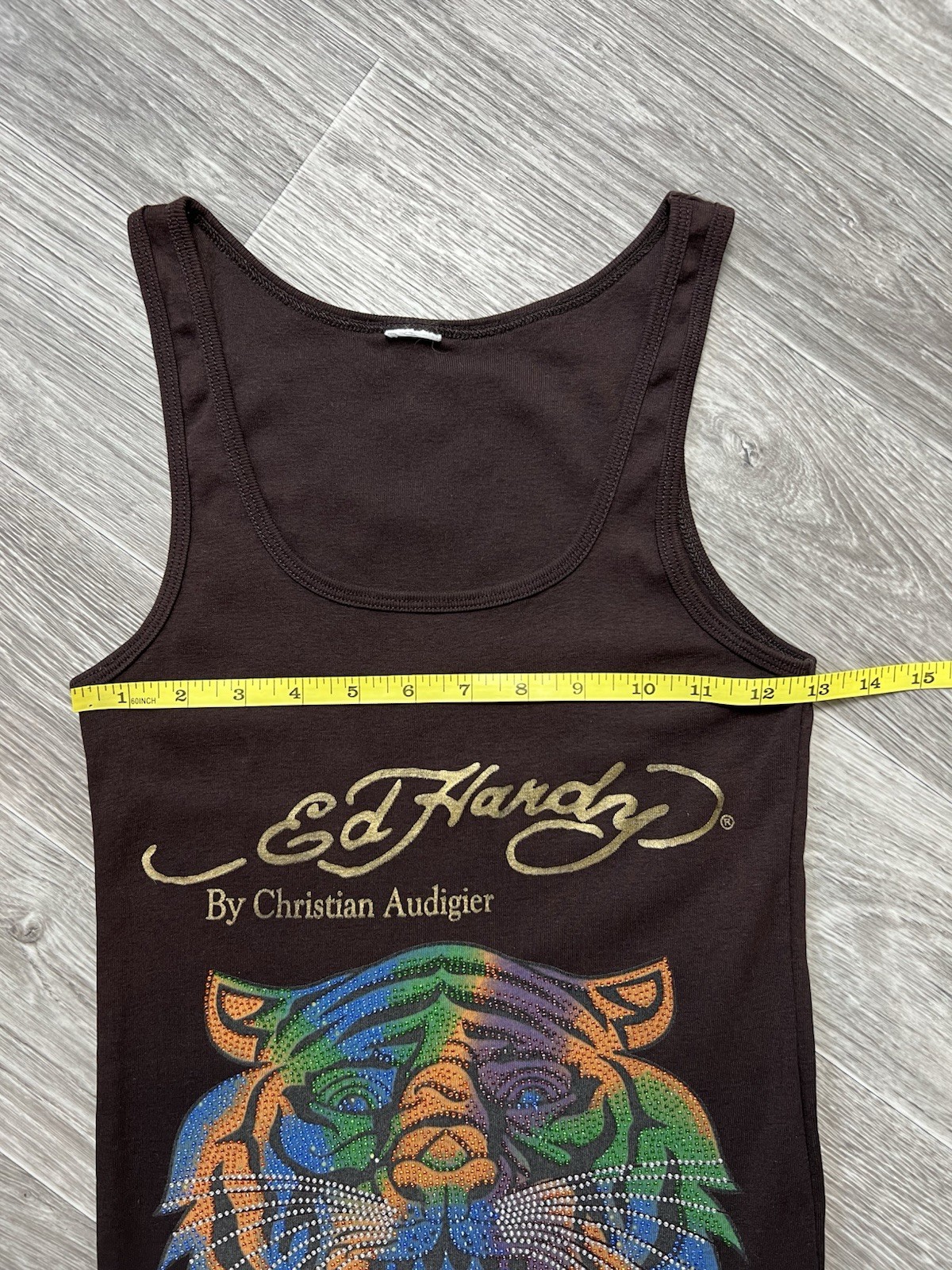 Vintage Ed Hardy Christian Audigier Tiger Rhinestone Ombre Tank Dress Brown Y2K
