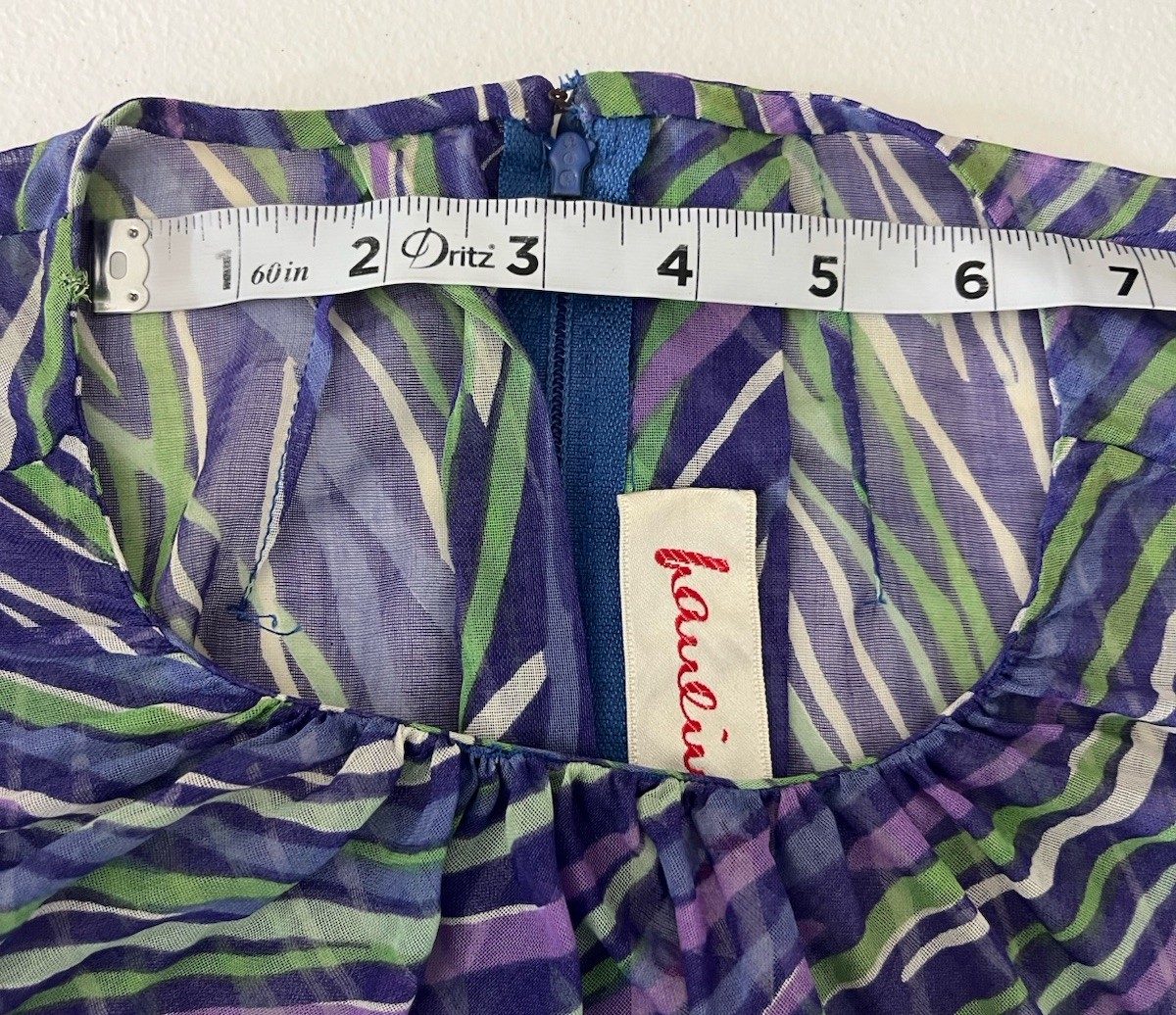 VTG Pauline Trigere Chiffon Midi Dress Abstract Geometric Wave Print 70s *NOTE