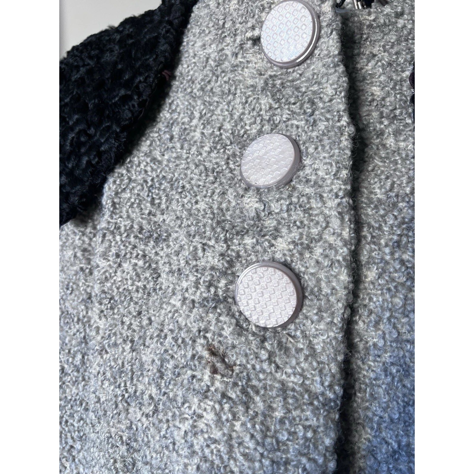 Vintage 40s Oatmeal Wool Boucle Swing Coat Persian Lamb Fur Collar Gray