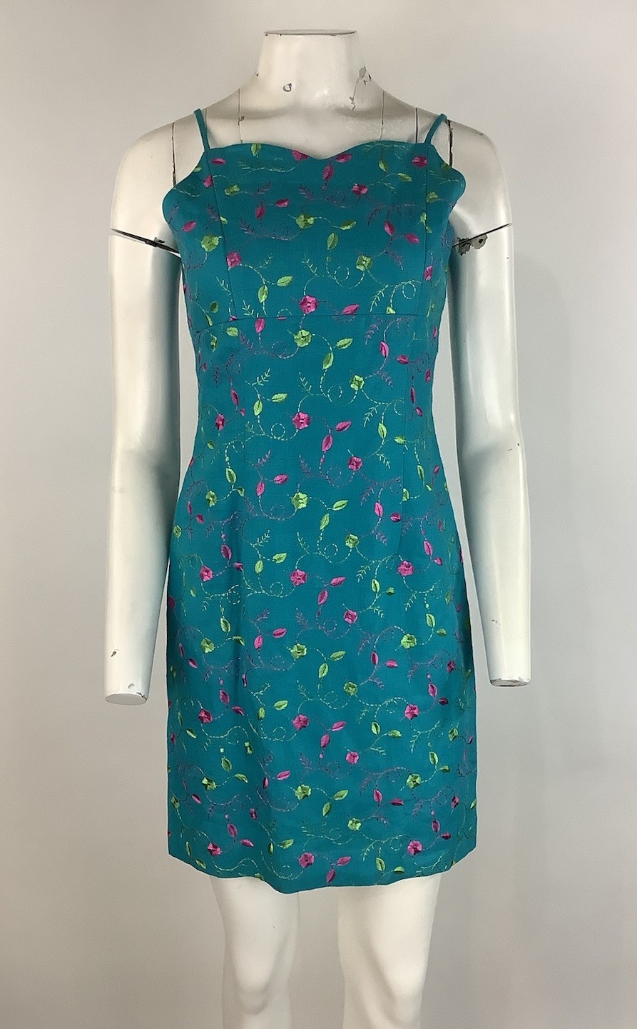 Vintage Y2K Althuser Sz 6 Canvas Floral Embroidered Slip Dress Aqua Green BH