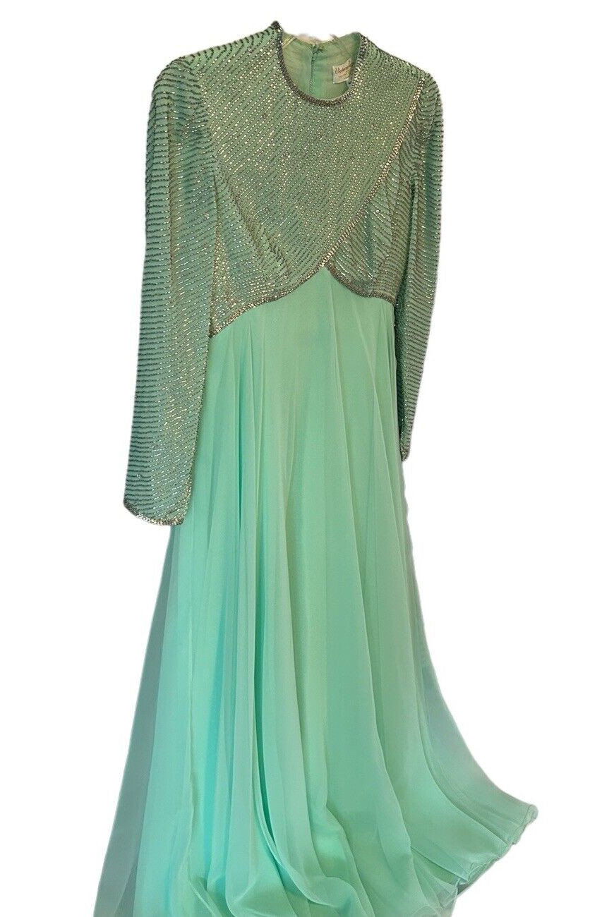 VTG 1960s Victoria Royal Ltd Gown Sz 6 Seafoam Green Beaded Rhinestones Lined