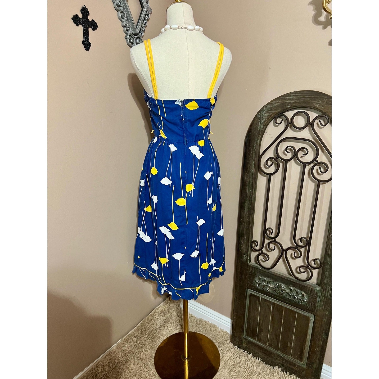 Vintage 70s Blue & Yellow Floral Tank Sundress Retro Mod Size Small