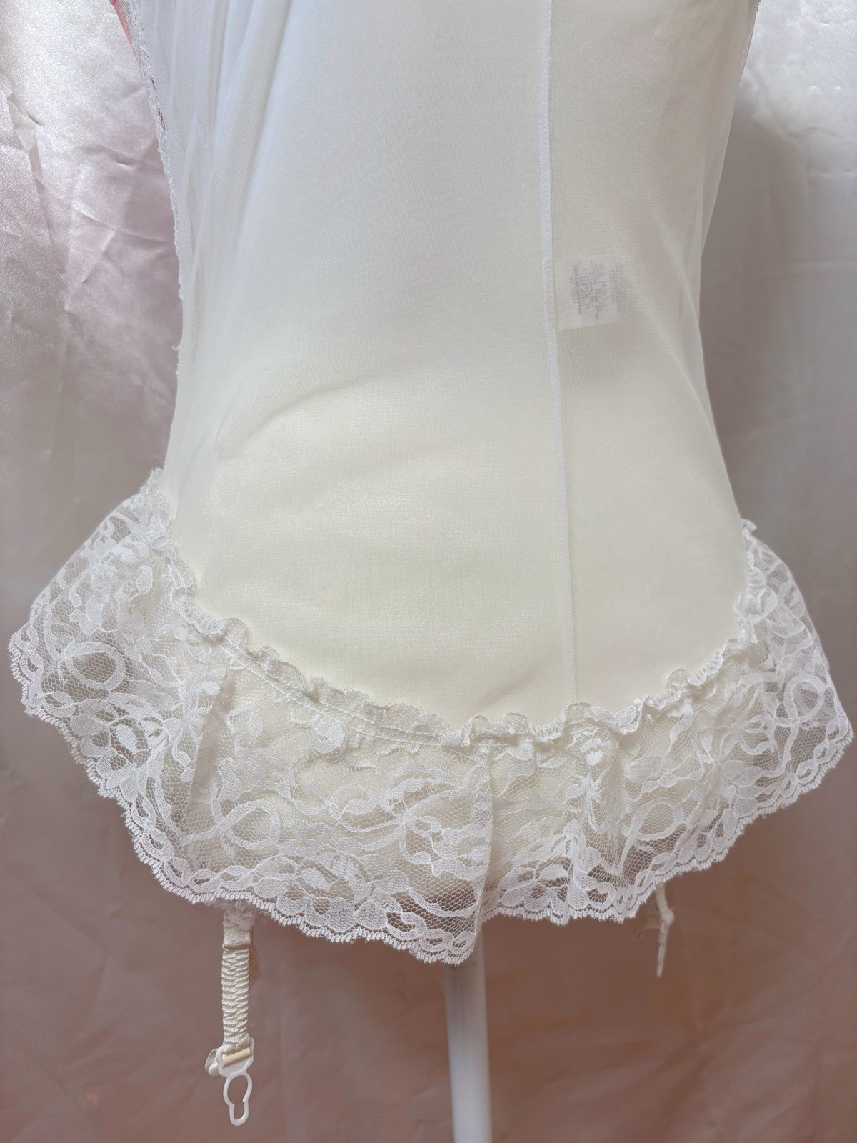 Vintage 80s Lace Pink White Lingerie Teddy Nightgown Romper Bodysuit USA Kawaii