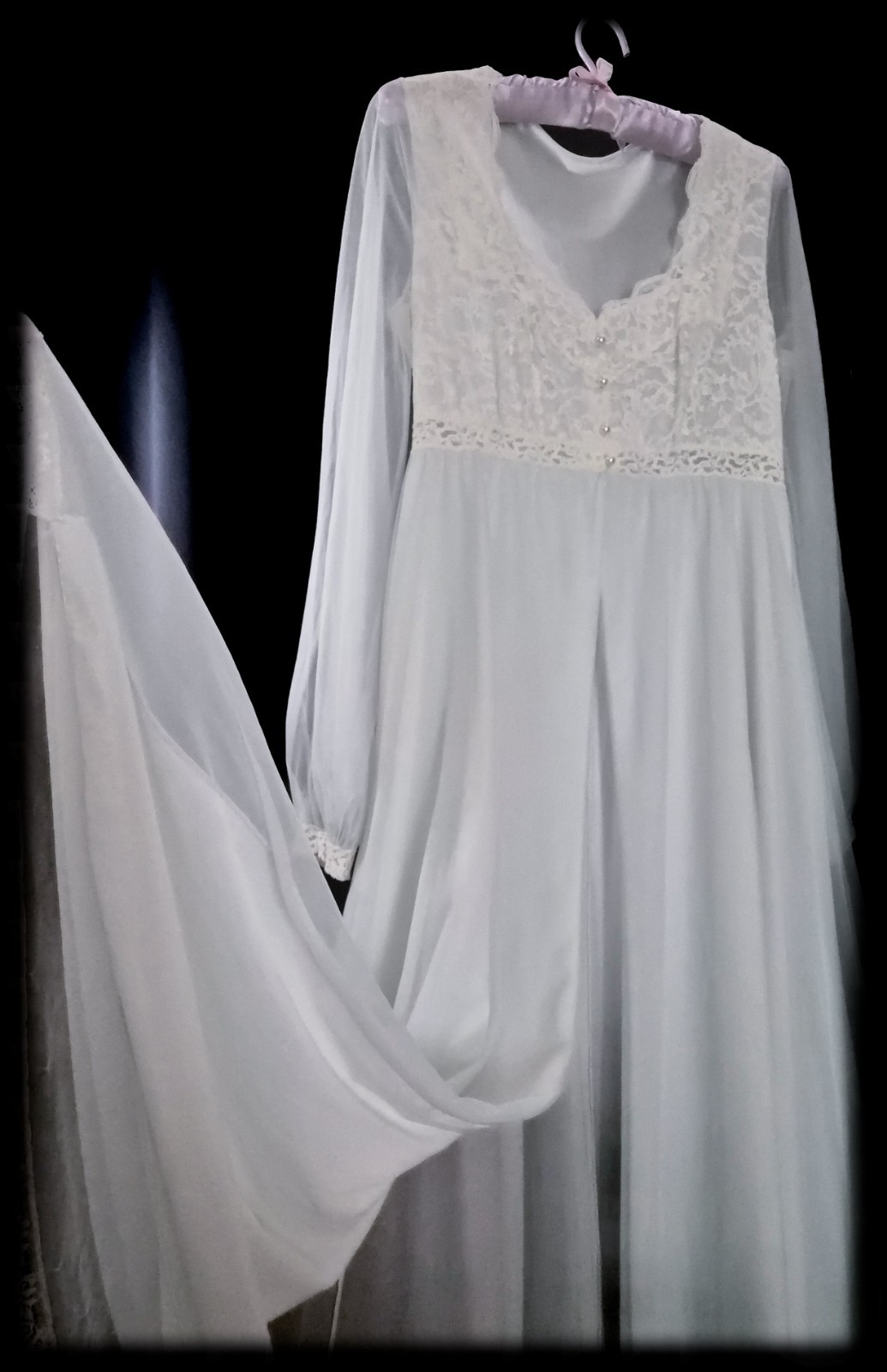 2pc Vintage 60s SHEER Nylon PEIGNOIR Set CHIFFON Nightgown LONG Gown Teal ~ M/L