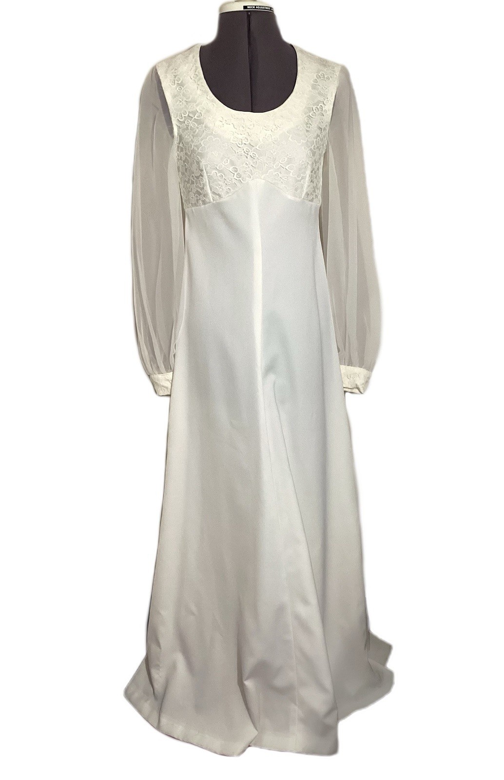 60s/70s Boho Wedding Dress Edwardian Revival Sheer Sleeve Lace Empire Waist XS/S