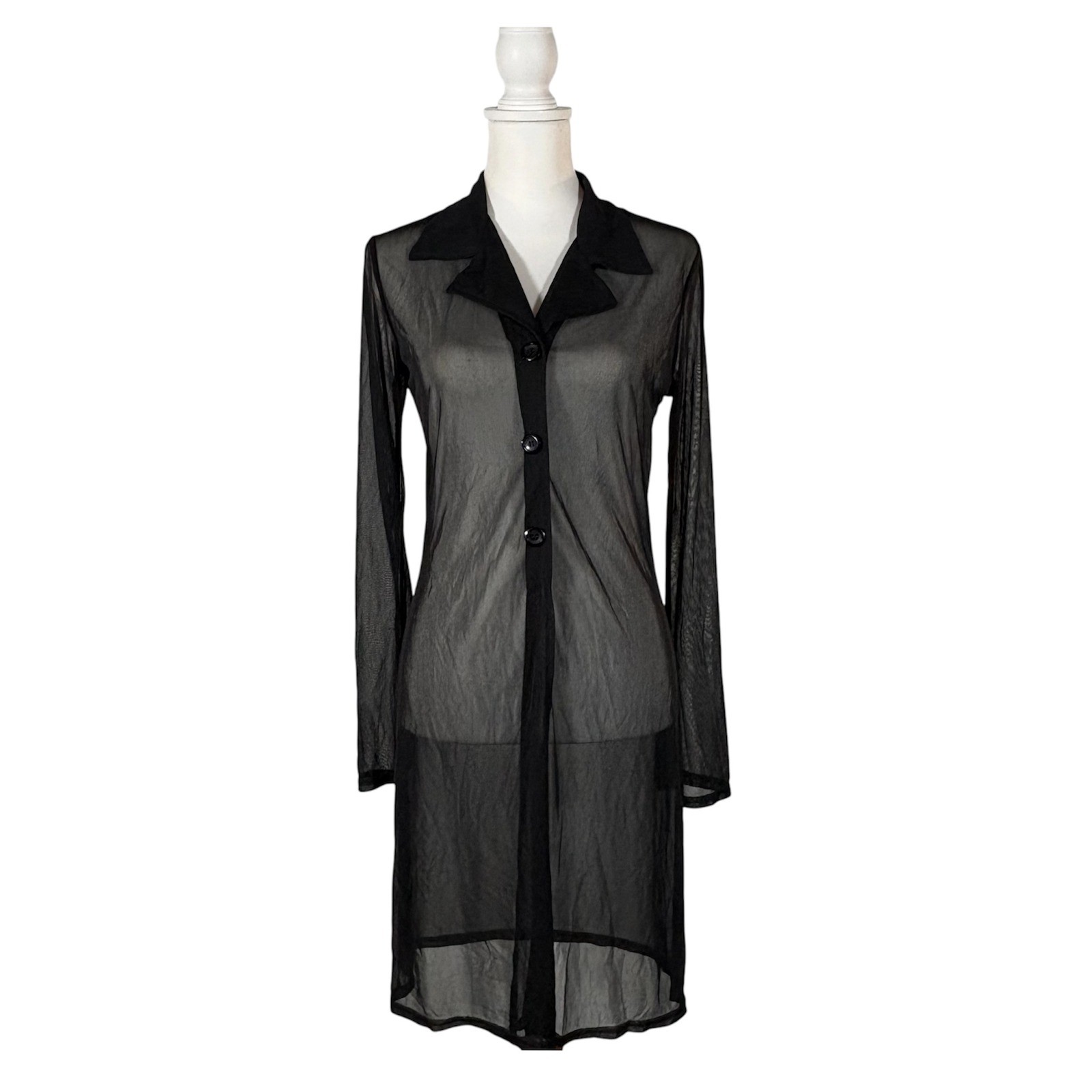 90s Black Sheer Tunic Women’s M Breakin’ Loose Button Down Whimsigoth Retro Diva