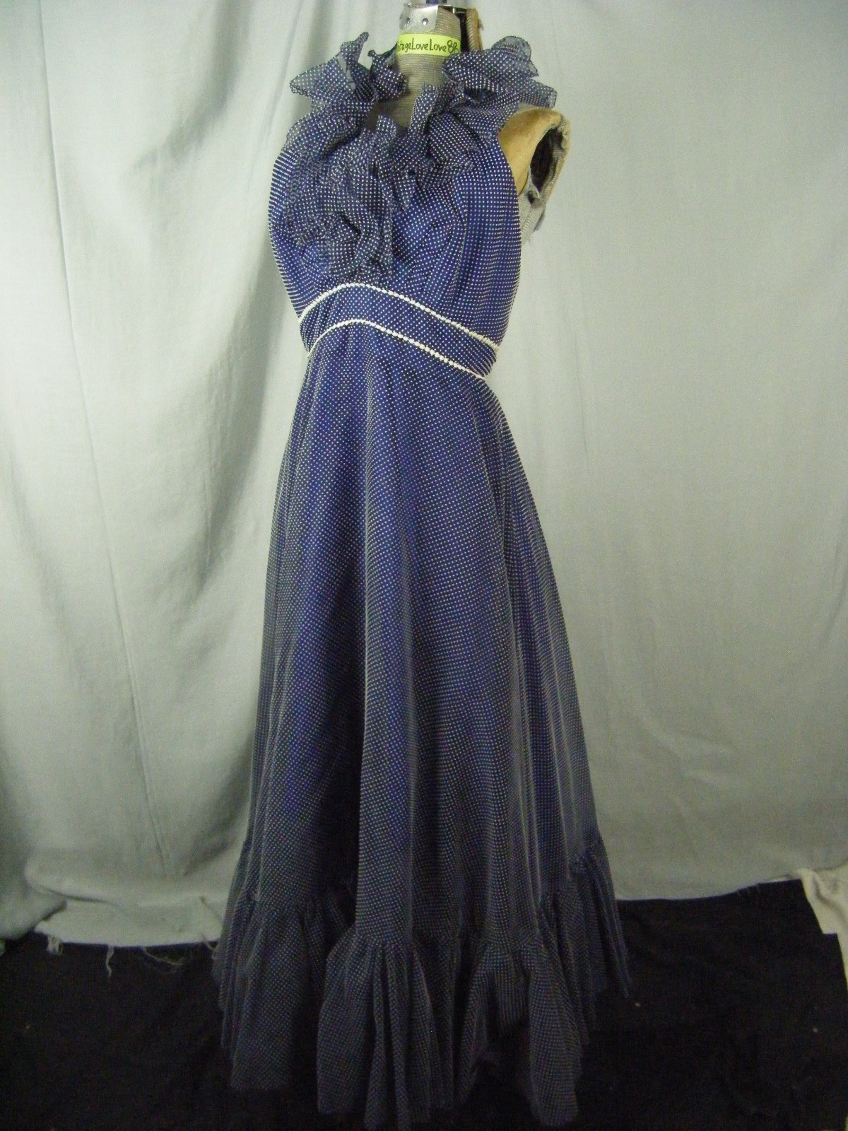 MIKE BENETT FORMALS Vtg 70s Navy Felt Dots Ruffle Halter Dress-Bust 34/XS