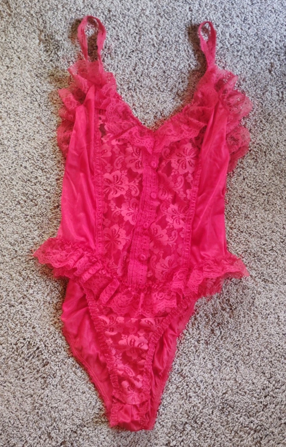 Vintage Delicates Red Lace Teddy Bodysuit Size Large Lingerie Made In USA