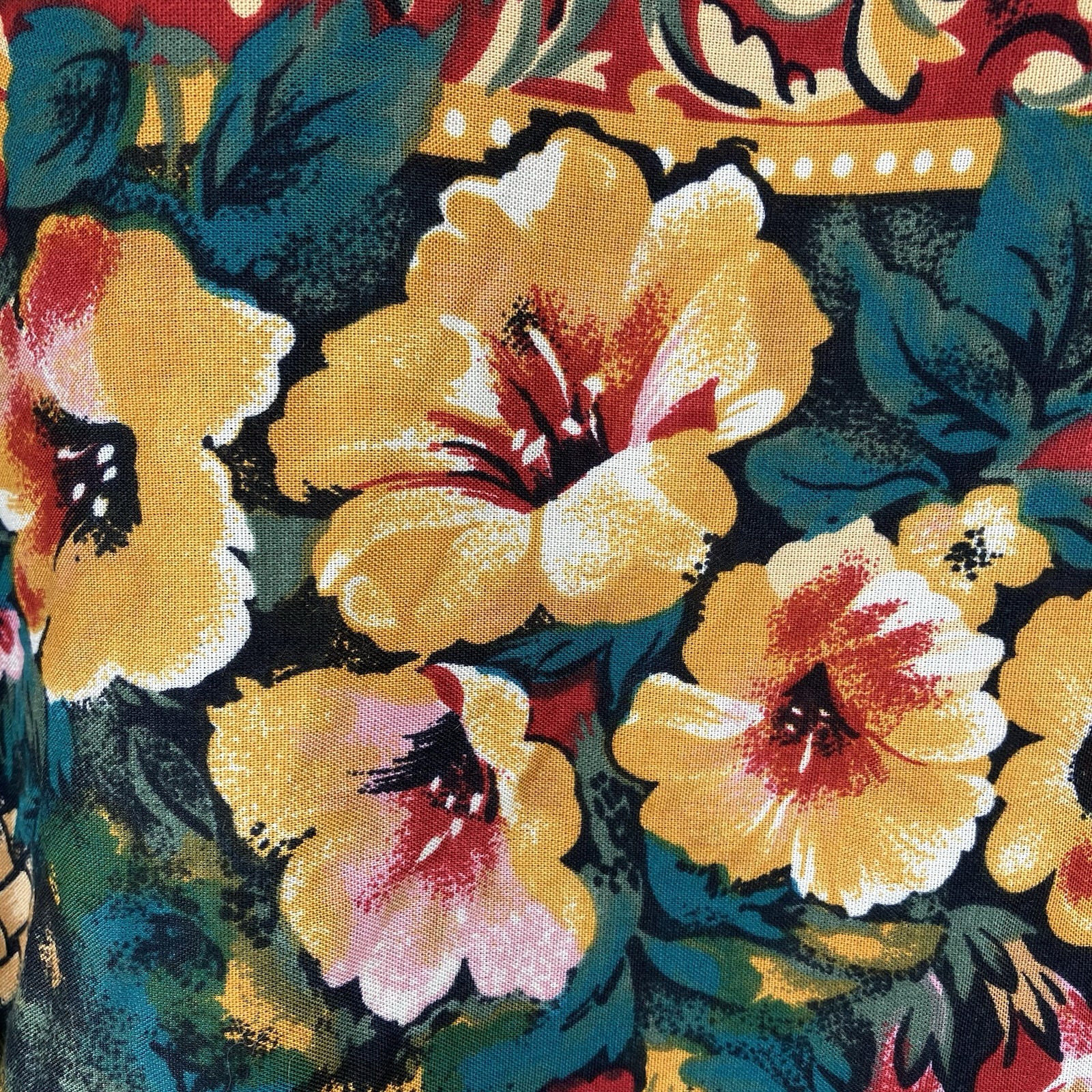 Vintage Women’s Rayon Top Large 80s 90s Designer AOP Floral Hibiscus Gold Button